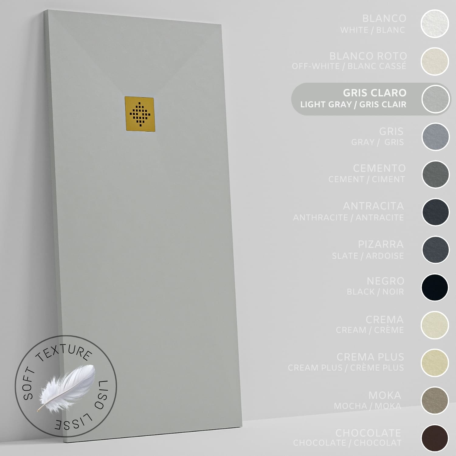 Soulhome plato de ducha - resina - gel coat - textura liso seda - antideslizante - color gris claro - 130x70- extraplano 3cm. rejilla dorada