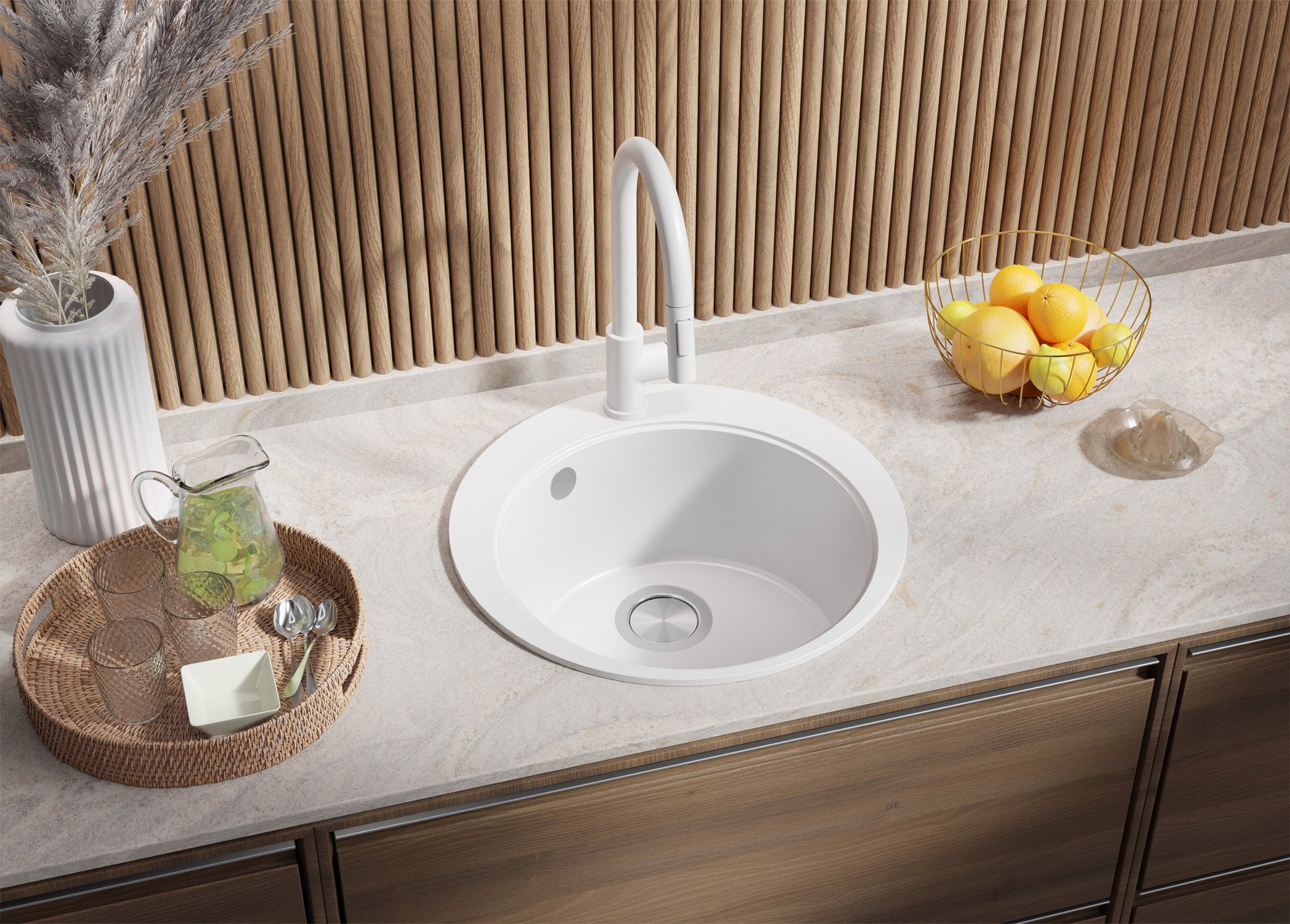 Lavandino Rotondo Bianco 50x50cm, Lavello in Granito a 1 vasca + Sifone Classico + Accessori, Lavabo da Cucina Incasso al mobile 45cm PRIMAGRAN - 3