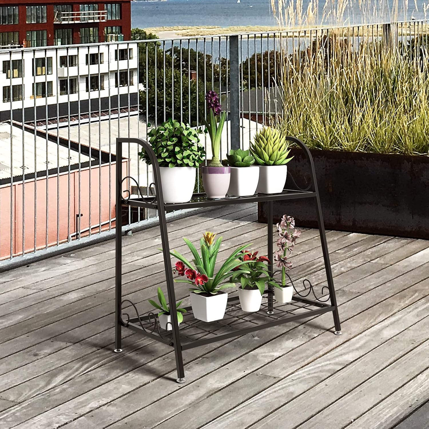 Etagère de plantes à 2 etages en métal en forme d'echelle intérieur/extérieur avec pied réglable - 8