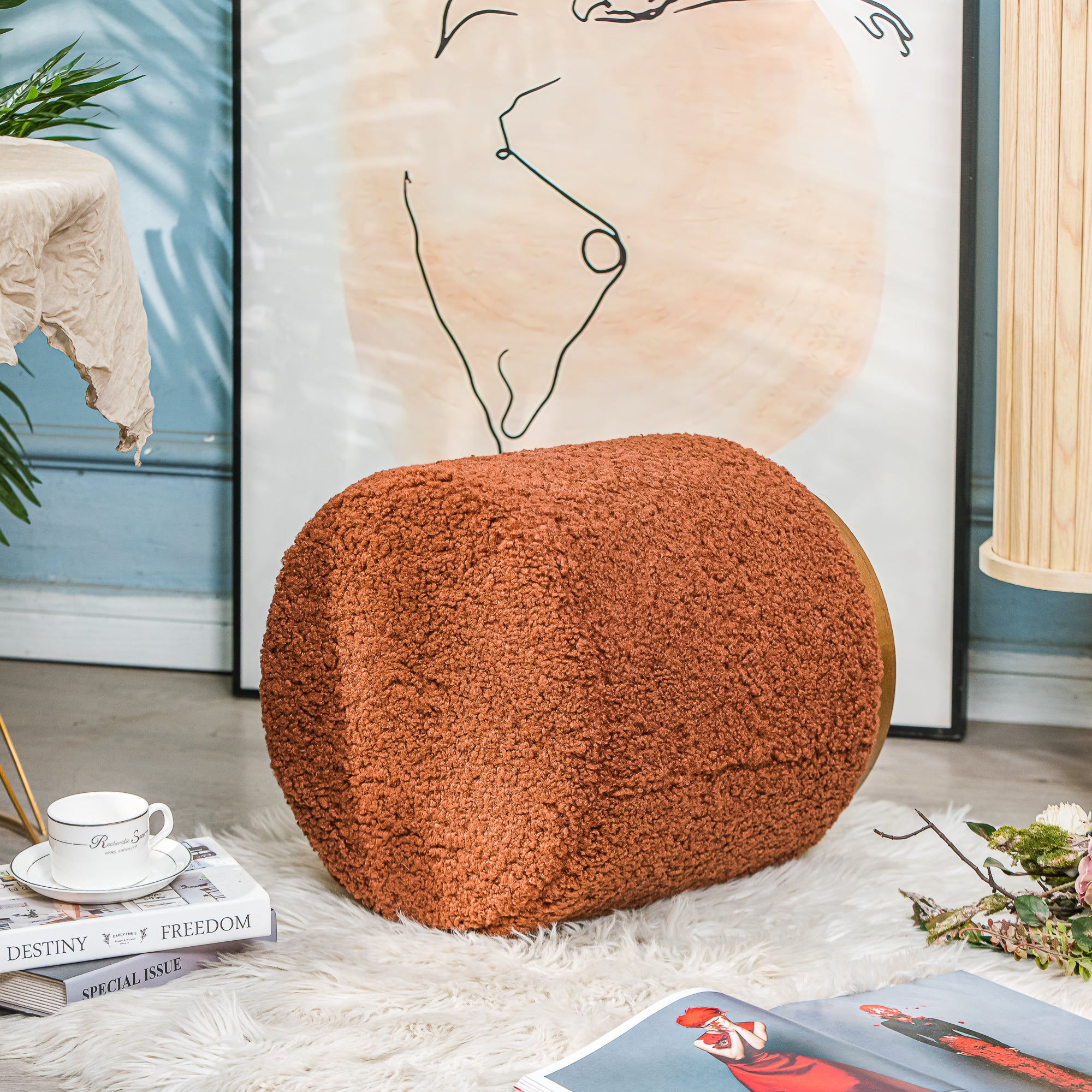 Nordlys - Pouf de Salon Base en Bois Marron Bouclettes Terracotta - 3