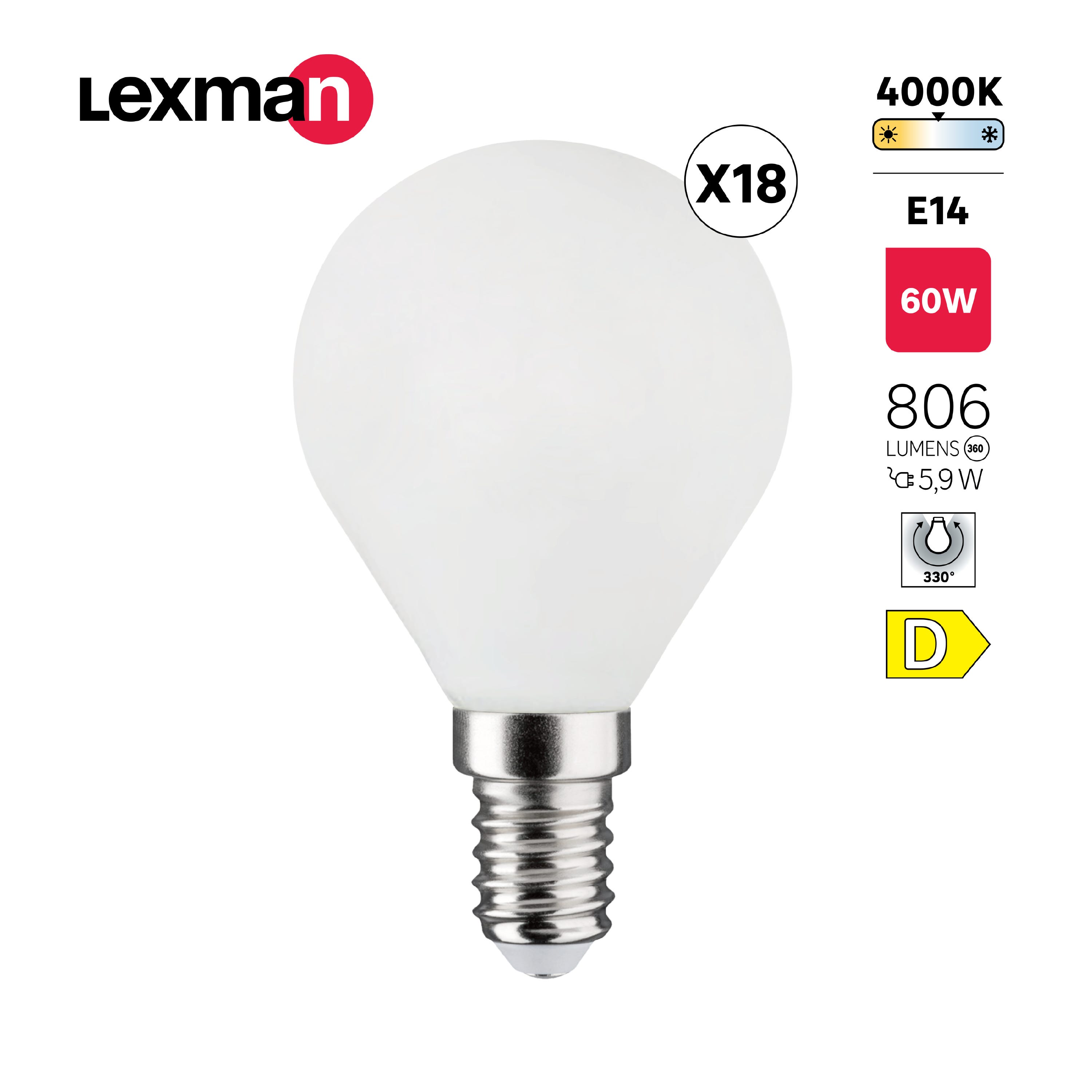 LEXMAN - Opakowanie 18 żarówek LED nieprzezroczystych - E14 - 806LM - 5,9 W, co odpowiada 60 W - Ø 45 mm - 4000 K - Naturalna biel - 2