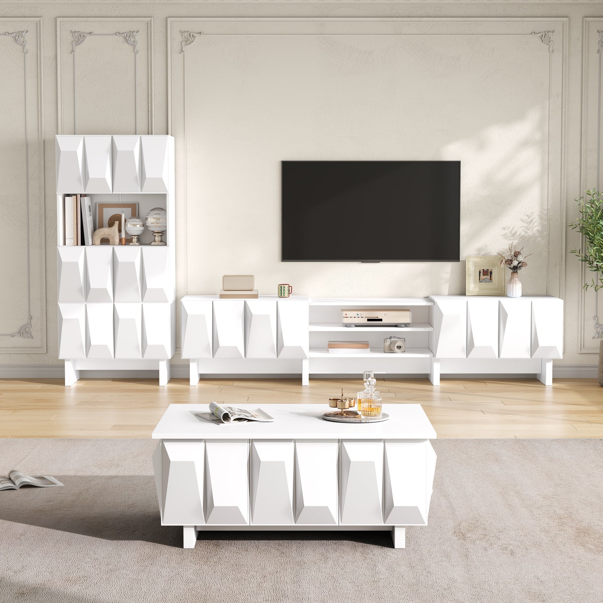 Set living alb trei mobile aglomerat, corp jos TV, dulap expunere și ...