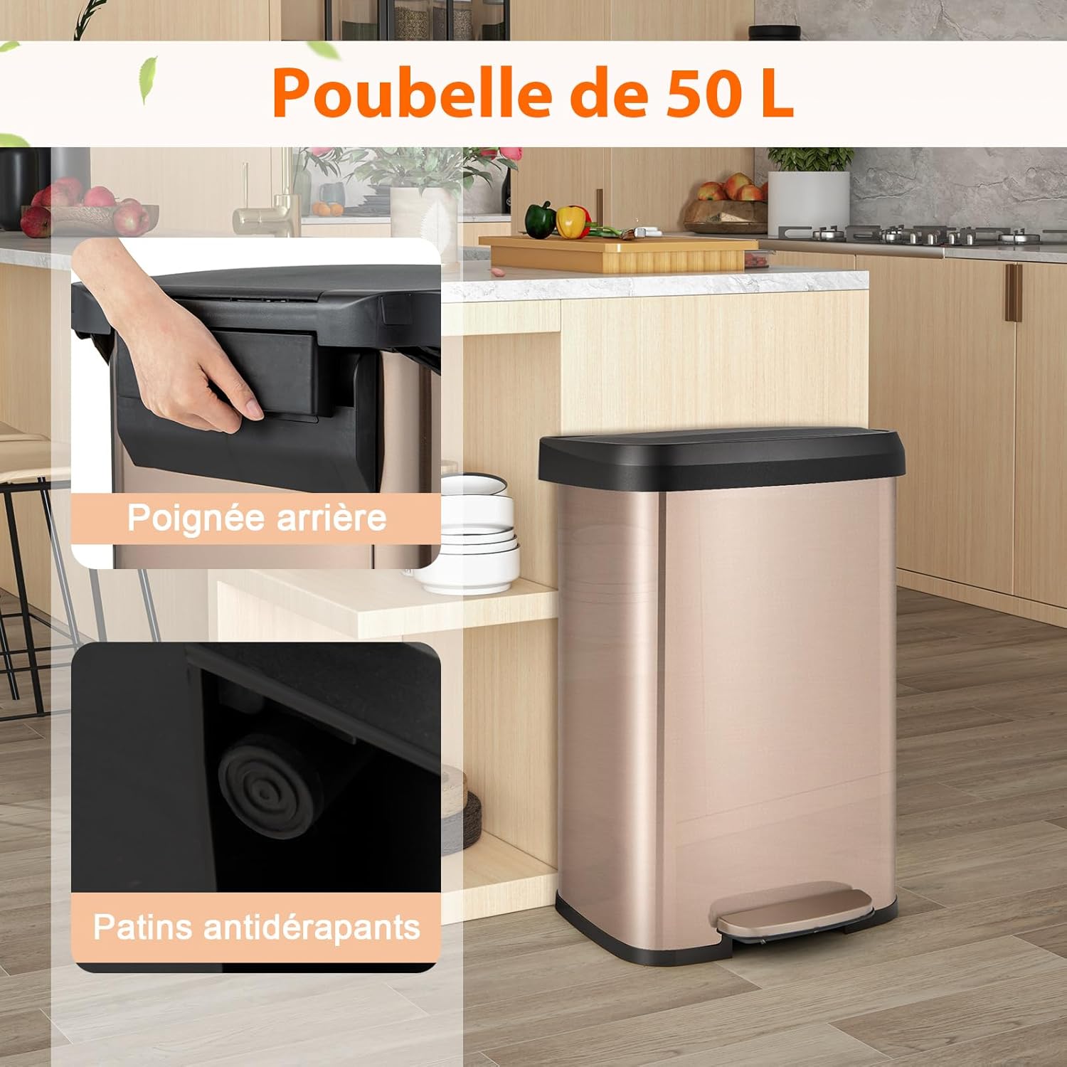 Bidone per Pattumiera da 50 L, Pattumiera da Cucina con Pedale, Coperchio e Scomparto Deodorante, Ideale per Casa Ufficio (50L, Rosa dorato) - 6