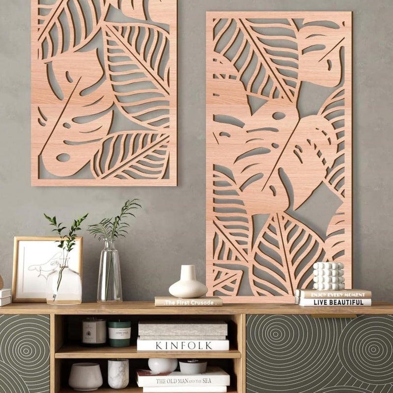 3 Pièces Sculpture Murale en Bois Naturel - Décor Mural Tropical Feuille de Monstera Style Boho Chic - Art Mural Moderne & Léger pour Salon, Chambre - 5