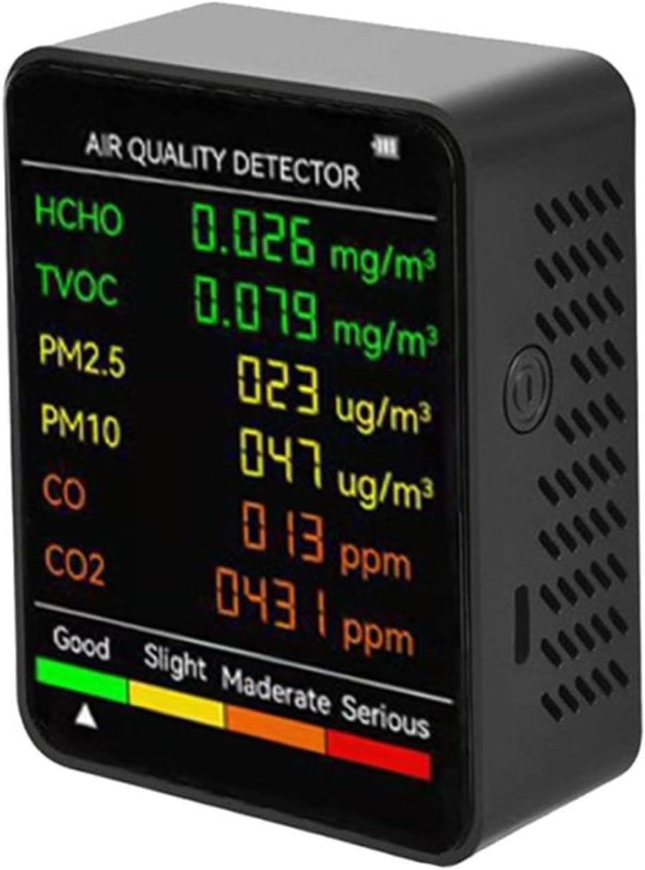 6 w 1 wielofunkcyjny monitor jakości powietrza, detektor CO2, z pomiarem temperatury, wilgotności, HCHO, TVOC, PM2,5 (czarny)