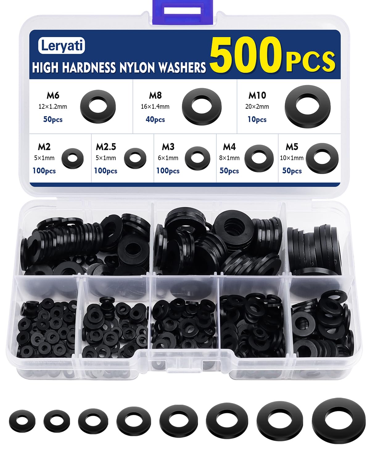 500 sztuk podkładek plastikowych, czarne płaskie podkładki nylonowe, okrągła płaska uszczelka izolacyjna, dystans plastikowy - M2/M2,5/M3/M4/M5/M6/M8/