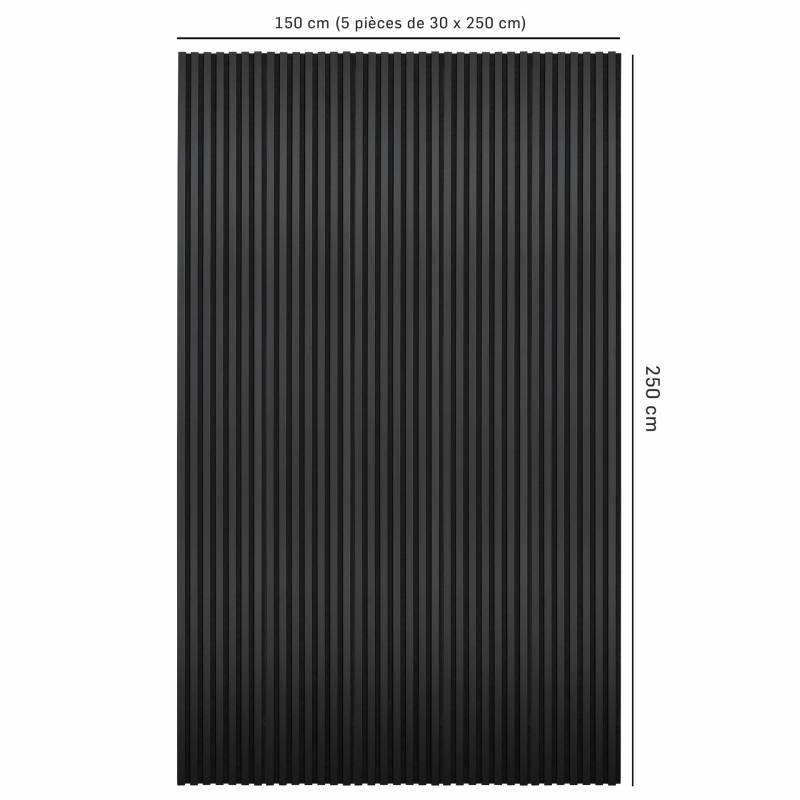 Mur TV - Lot de 5 Panneaux tasseaux bois 250 x 30 x 1,9 cm - Lamelles placage noir fond noir - 3,75m² - 3