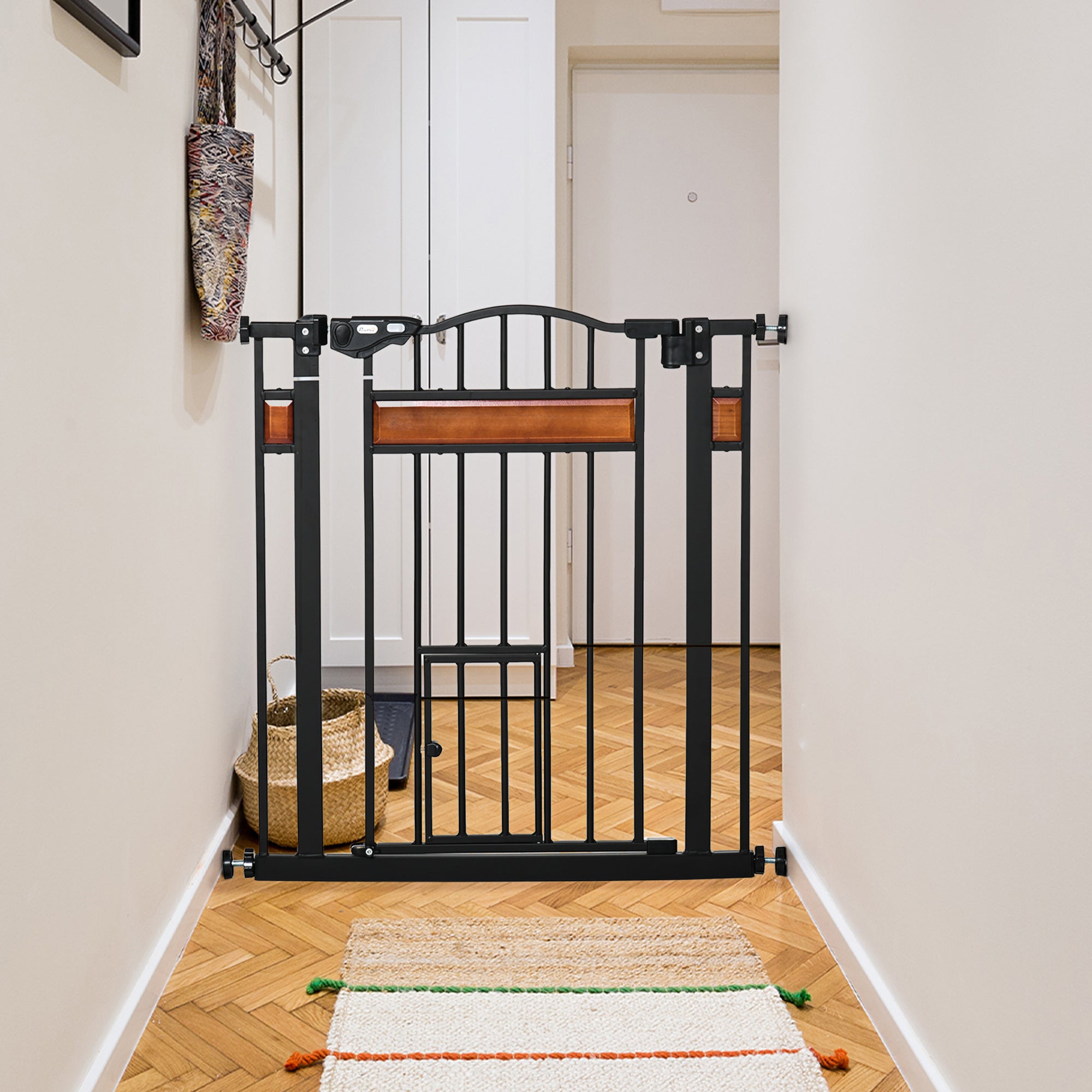 PawHut Cancellino per Cani con Fissaggio a Pressione, Barriera Estensibile da 74-80cm con Chiusura Automatica, Nero - 2