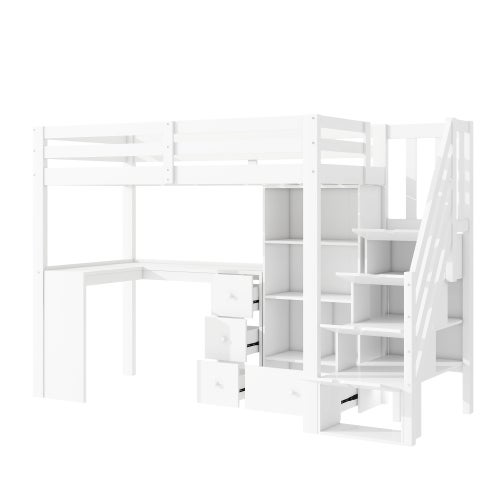 Lit mezzanine 90 x 200 cm, rampe, bureau, tiroirs, armoire de rangement ouverte, escabeau escamotable, étagères multiples - 9