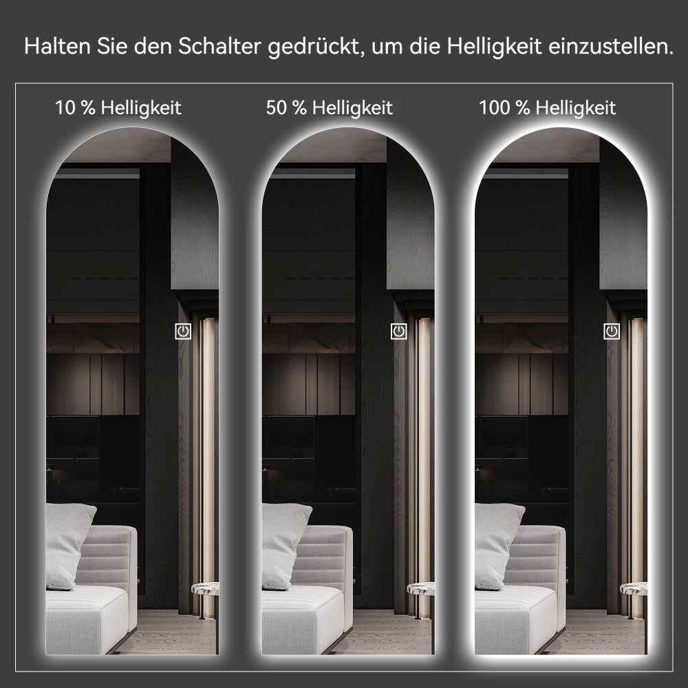 Specchio LED a figura intera ad arco 165×50 cm, specchio da terra o parete senza cornice, vetro argentato 5 mm infrangibile, luce regolabile 3 colori - 6