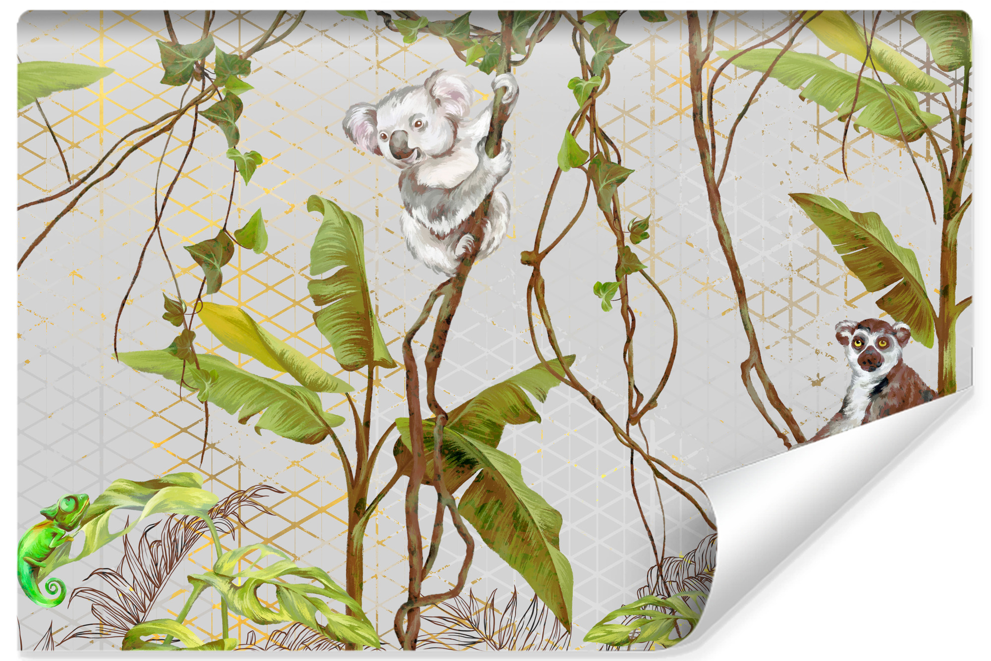 Papel pintado fotografia no tejida para habitación infantil koala lemur maki camaleon plantas 180cm x 120cm