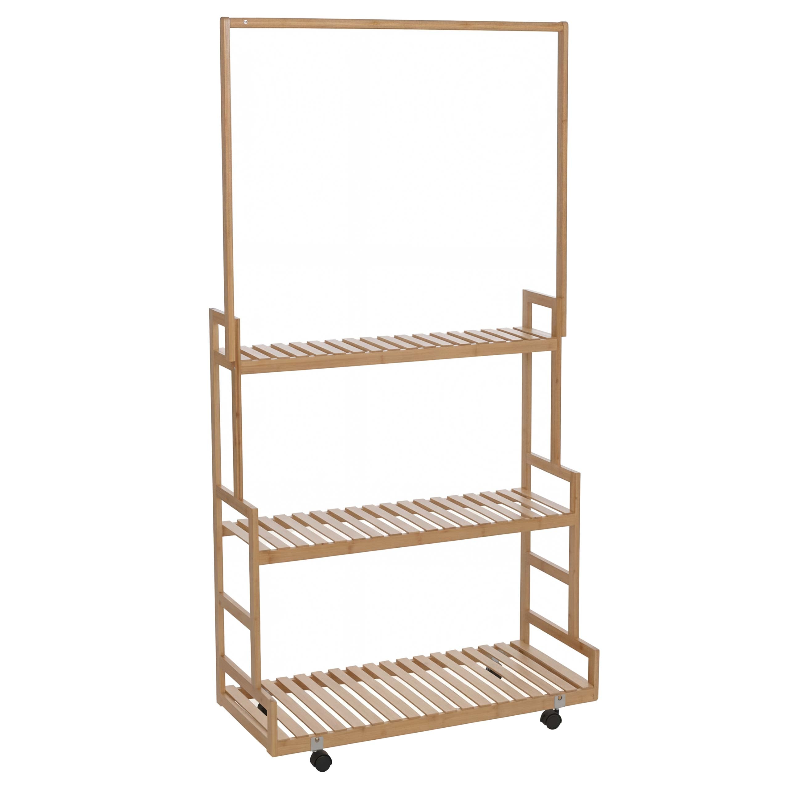 Stojak na ubrania z bambusa HWC-Q33, wieszak na ubrania, półka na buty, drążek i 3 półki, kółka, 175 x 93 x 38 cm ~ kolor naturalny