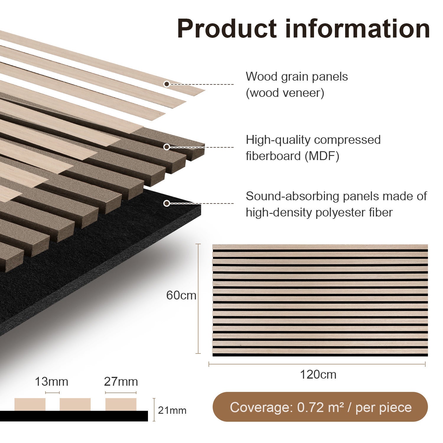 Lote de 4 paneles acústicos autoadhesivos para pared listones MDF modernos de madera 120 x 60 x 2,1 cm - Panel MDF chapado en madera roble - 2