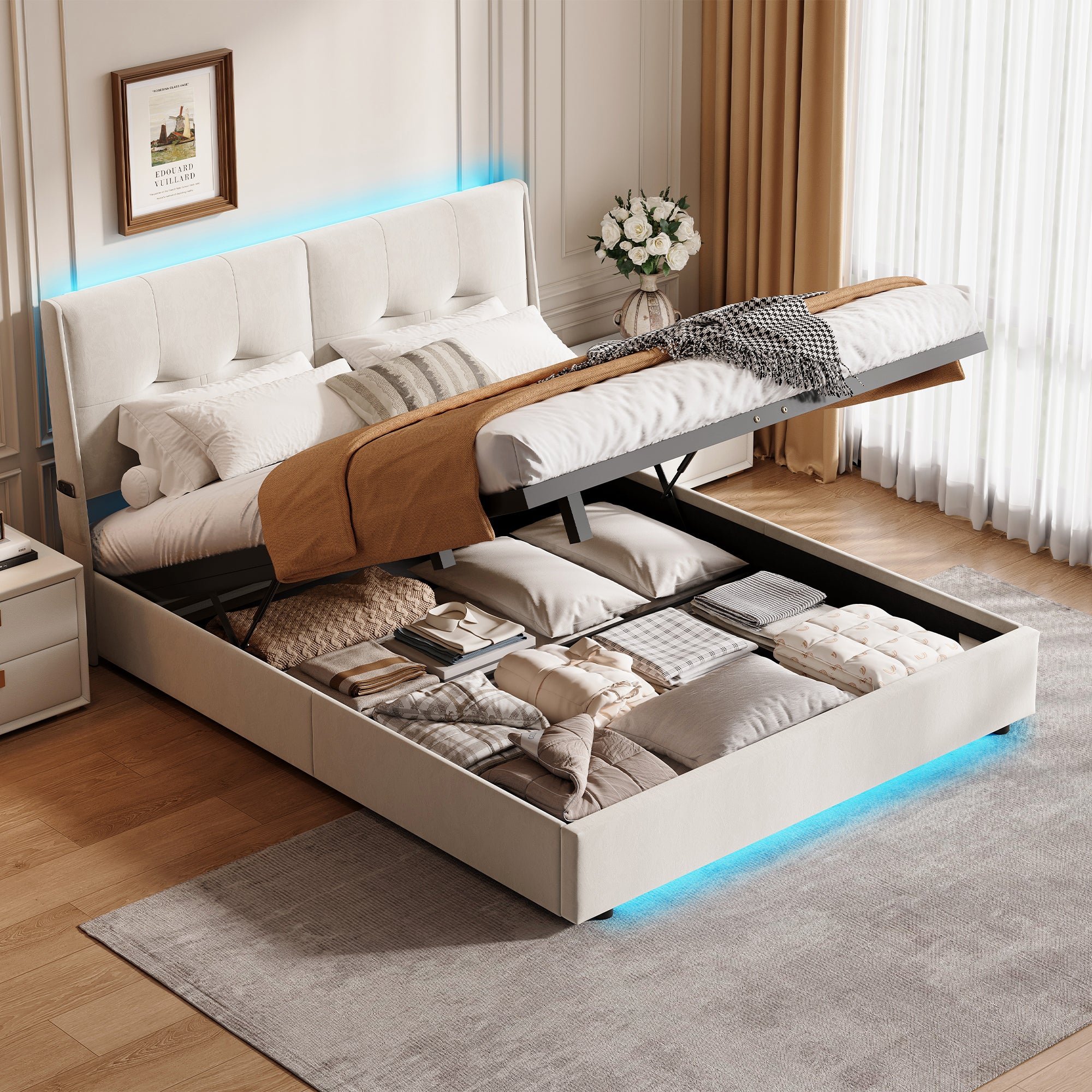 Lit rembourré 140 x 200 cm - Lit avec éclairage led et prise USB, tête de lit avec rangement, rangement hydraulique, sommier à lattes - Gris | Leroy Merlin