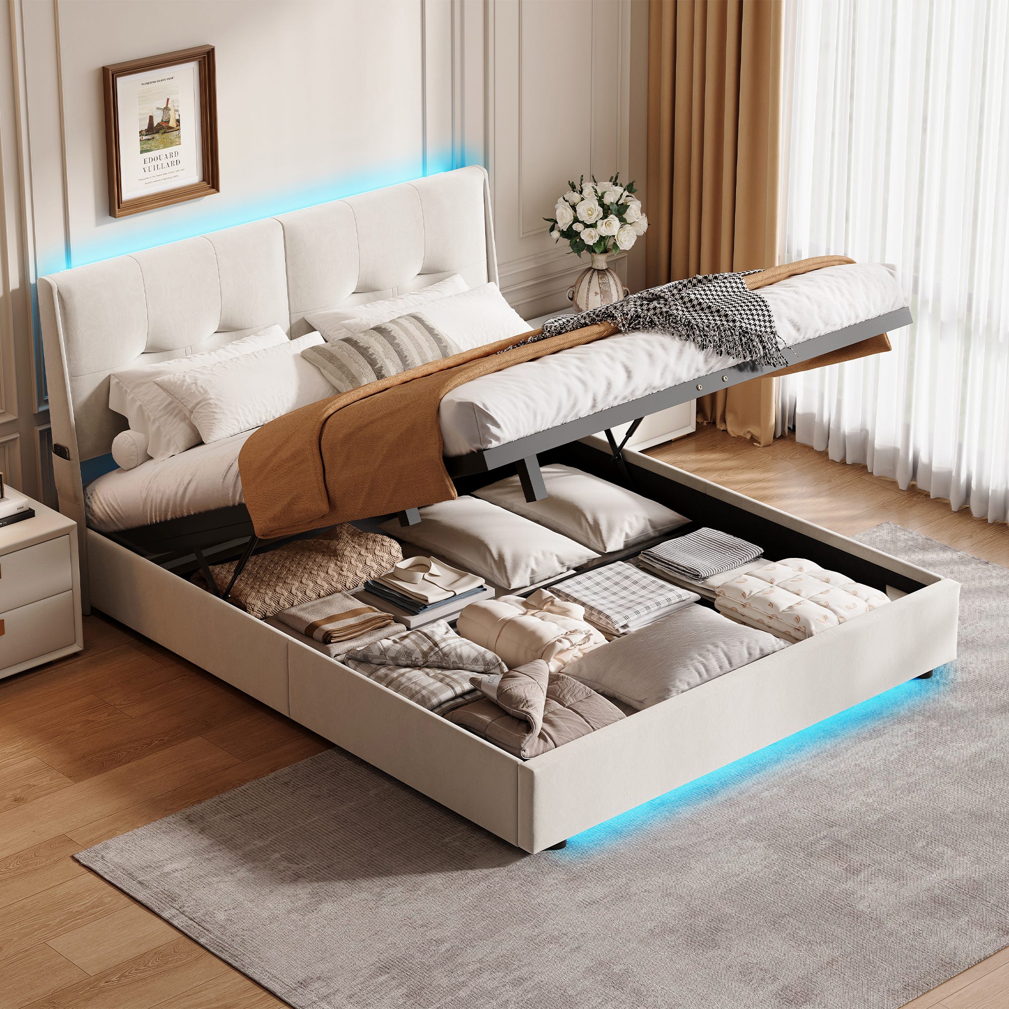 Lit rembourré 140 x 200 cm - Lit avec éclairage led et prise USB, tête de lit avec rangement, rangement hydraulique, sommier à lattes - Gris | Leroy Merlin Lit rembourré 140 x 200 cm - Lit avec éclairage led et prise USB, tête de lit avec rangement, rangement hydraulique, sommier à lattes - Gris | Leroy Merlin