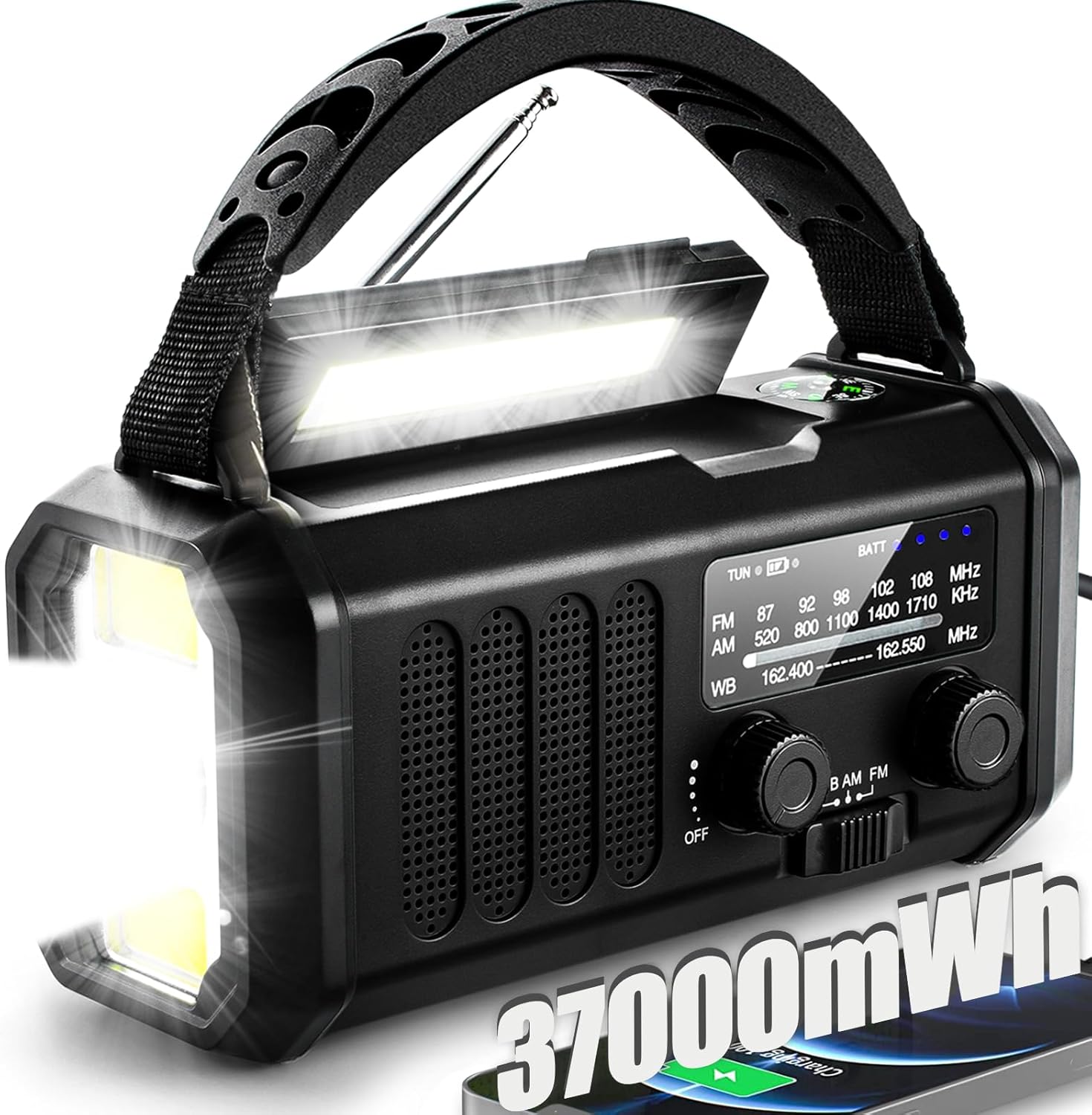 Radio awaryjne z korbką, przenośne radio pogodowe AM/FM z latarką i lampką do czytania w 3 trybach, ładowarka do telefonu komórkowego, radio awaryjne