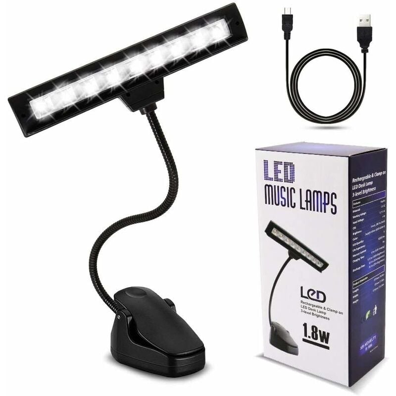 Pupitre Lumineux Rechargeable 18 LED à Clipser - Lampe Piano Orchestre 3 Couleurs 2 Niveaux