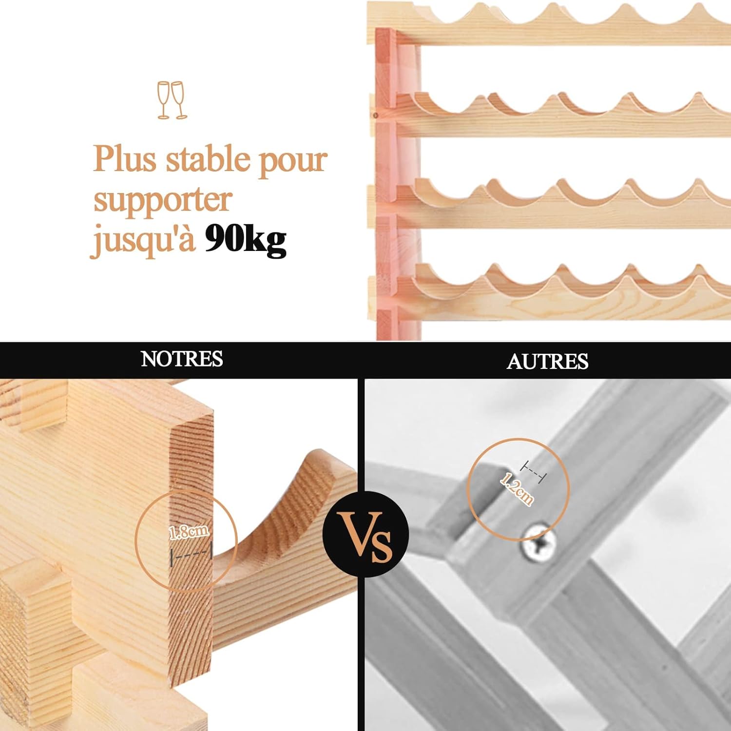 72 Bouteilles Étagère à Vin/Porte-Bouteilles 6 Étagères 119 x 29 x 71,5 CM,Range Bouteille en Bois de Pin Massif Caves à Vin pour Cuisine - 8