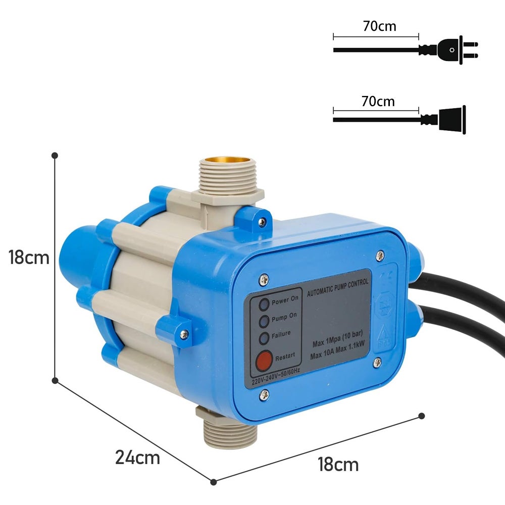 Presostato para bomba de agua, 10 bar, eléctrico, arranque/parada automático, con cable, azul. - 3