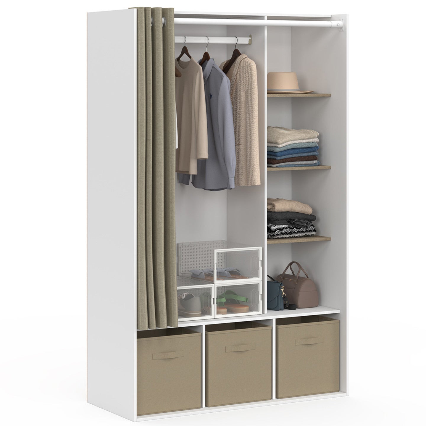 Dressing penderie DIANE 105 x 45 x 167 cm blanc avec étagères + boites de rangement + rideau taupe - 2