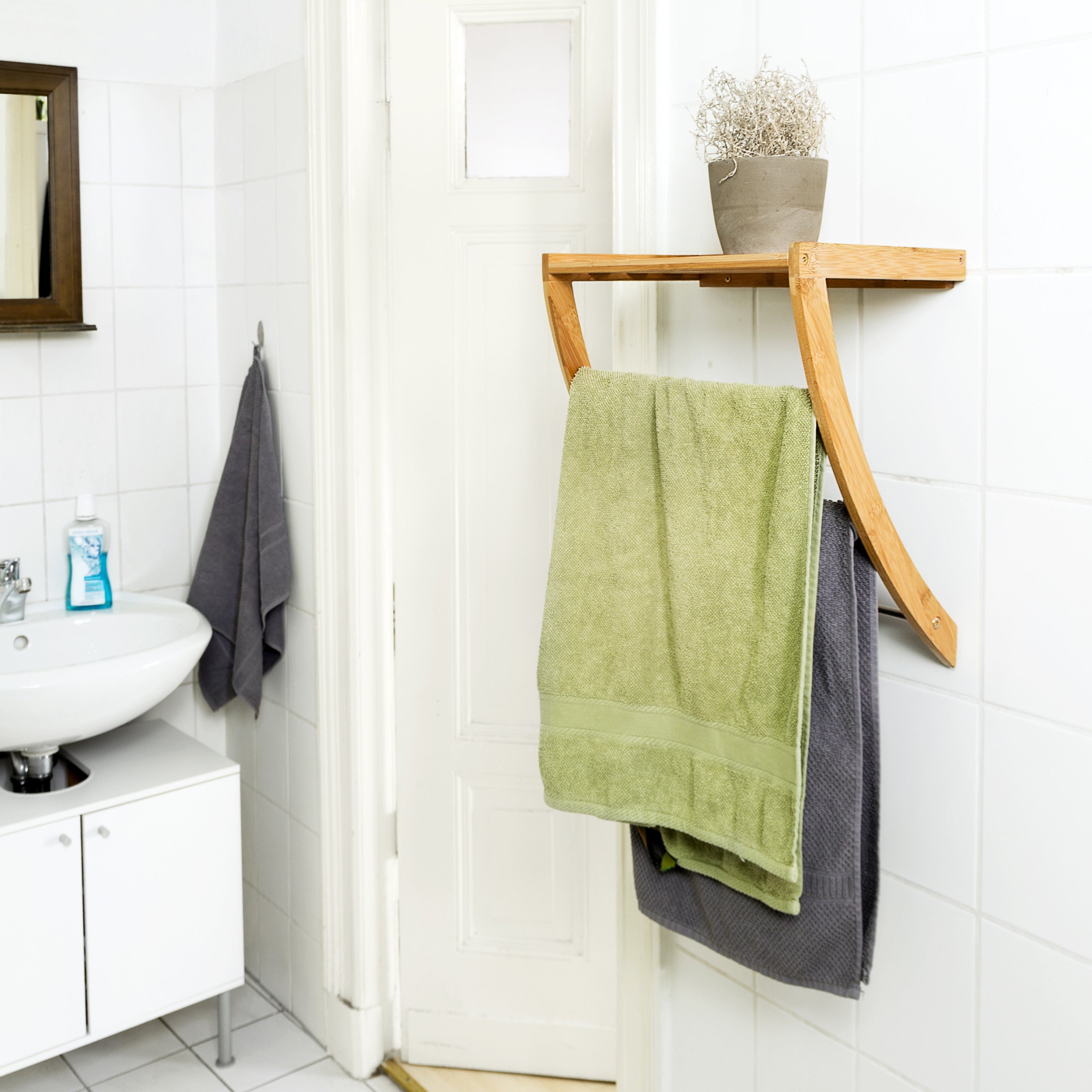 Porte-serviettes Autoportant En Bambou Dripex - 96 Cm De Haut, 3 Barres Inox + étagère, Naturel - 7