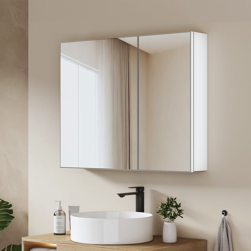 EMKE Szafka łazienkowa z lustrem 80x65x14,5 cm – 2 drzwi lustrzane z wbudowanym miejscem na przechowywanie, regulowane półki, matowa biel