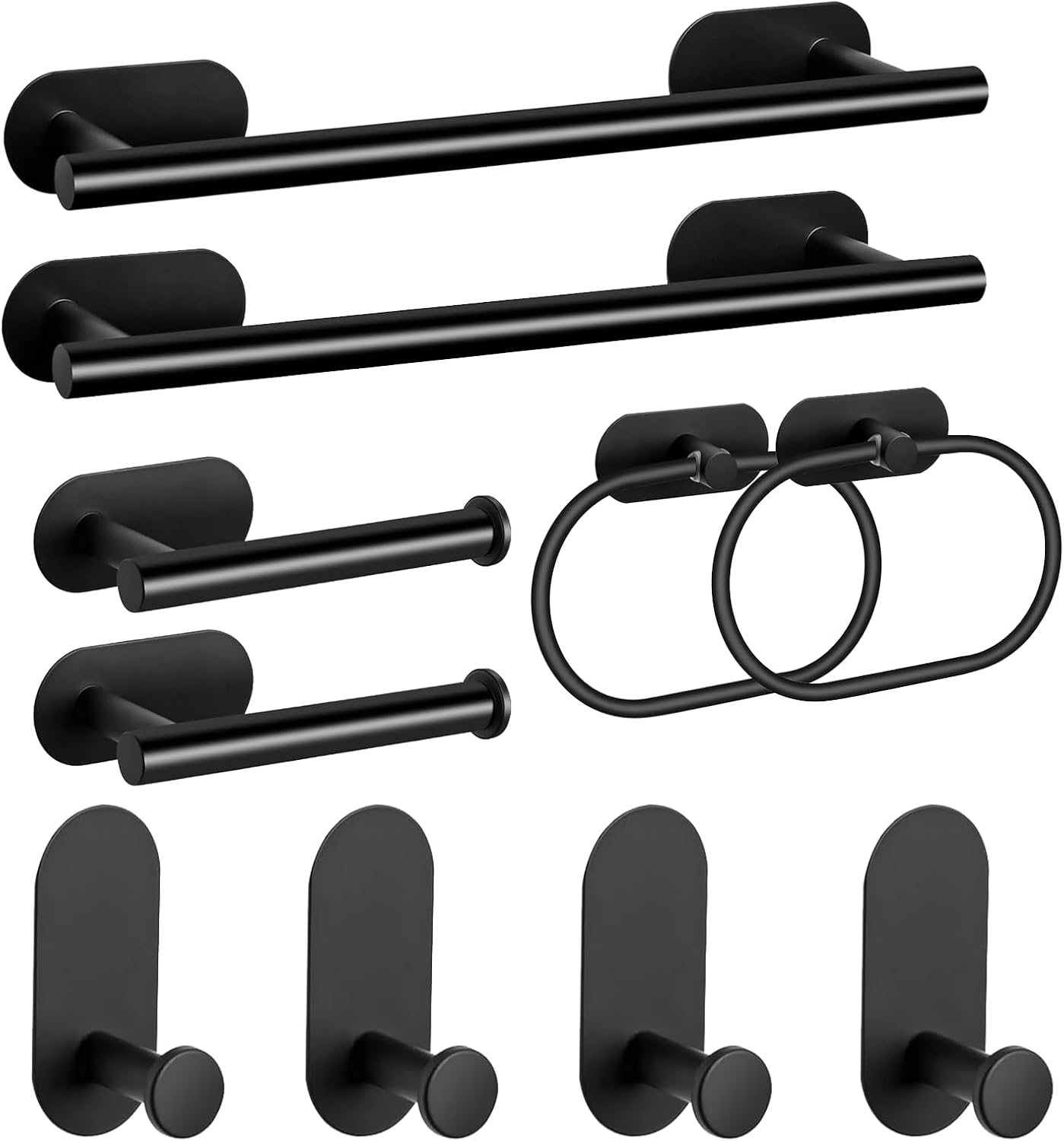 Zestaw wieszaków na ręczniki ze stali nierdzewnej, samoprzylepny uchwyt na papier toaletowy i haczyk na ręczniki (czarny, 10 sztuk)