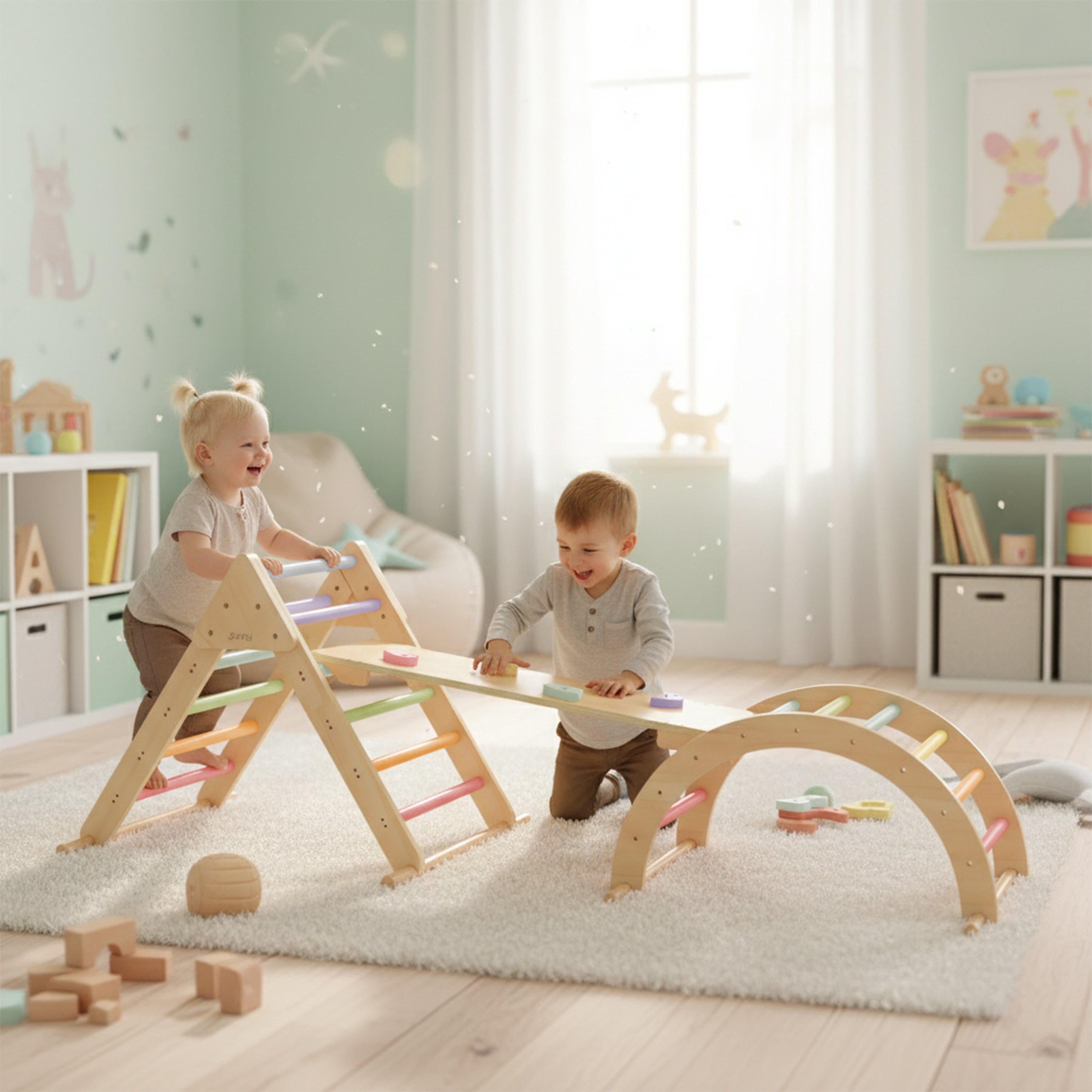 Sunny Charlie 3-en-1 structure d'escalade en bois pastel | Triangle d'escalade / Arc d'escalade / Mur d'escalade | Jouets Montessori pour jeunes - 3
