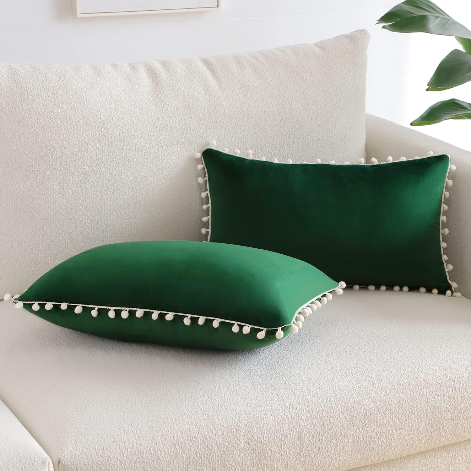 (30x50 cm,Vert Foncé)Lot de 2 Housses de Coussin Décoratives en Velours Doux Pompons Taies d'oreiller Décoration D'intérieur Housse Coussins pour Cana - 2