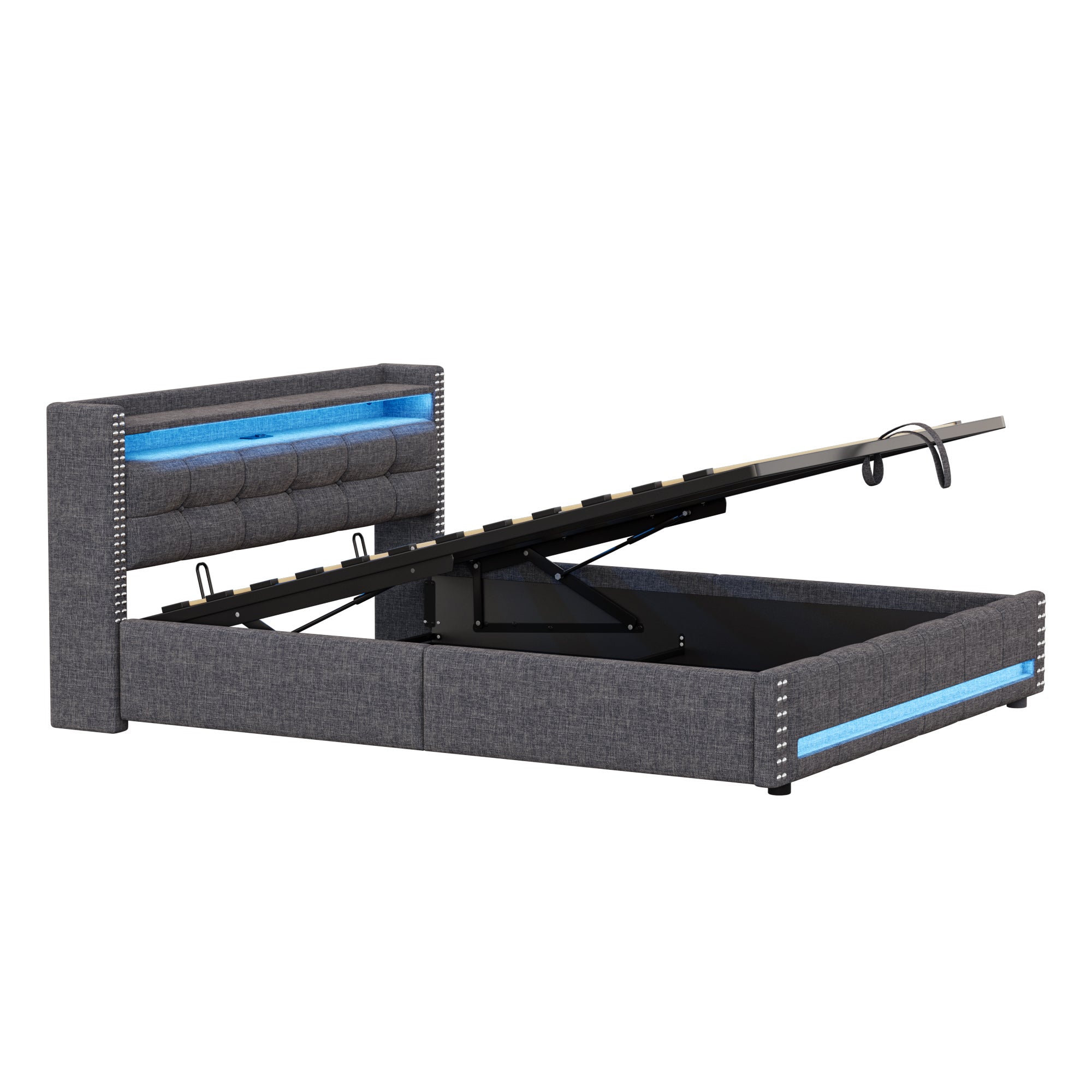 Cama con almacenaje de lino 160x200 cm - con LED y toma USB - con somier - Gris - 8