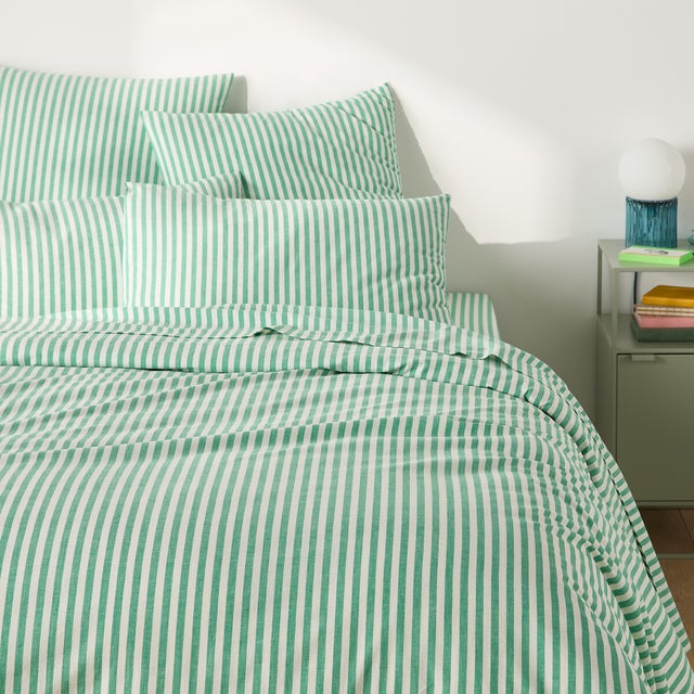 Housse de couette en coton, Soizic vert - Rayé vert - 140 x 200 cm