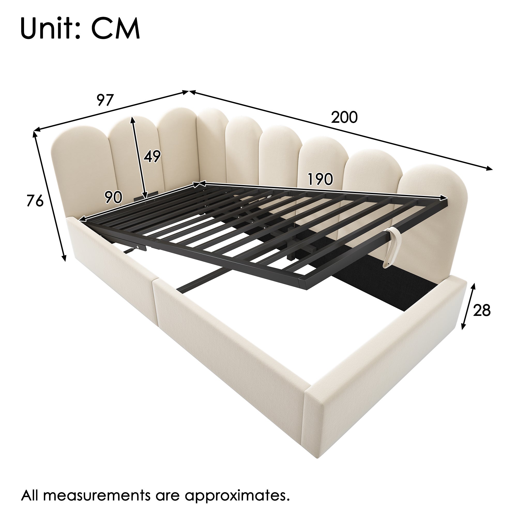 Lit coffre 90 x 190 cm avec tête de lit et dossier, canapé-lit - Velours - Sommier à lattes métalliques - Beige (sans matelas) - 2