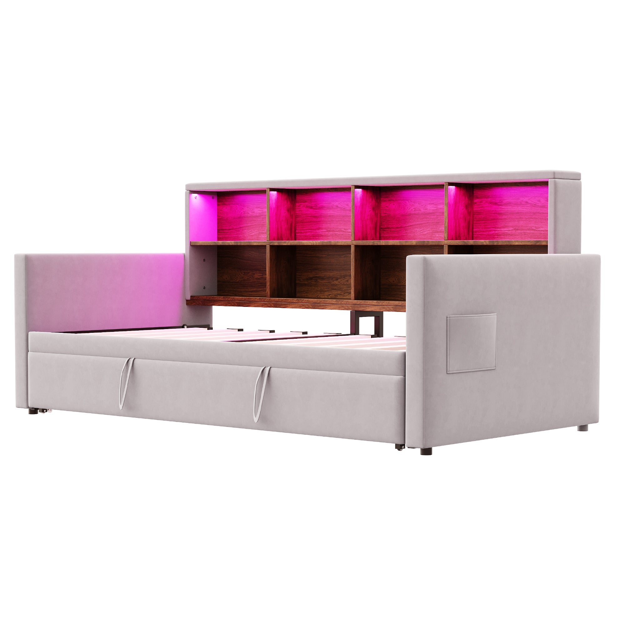 Rozkładana sofa z poduszkami 90x190cm - z oświetleniem LED - z gniazdem ładowania - z wysuwane łóżko - tkanina welurowa - Jasnoszary - 9