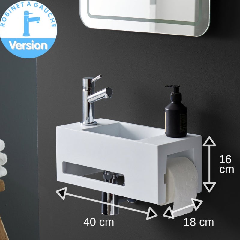 Lave mains en solid surface Maximo 40 x 18 avec dérouleur papier et porte-serviette - robinet à gauche - 2