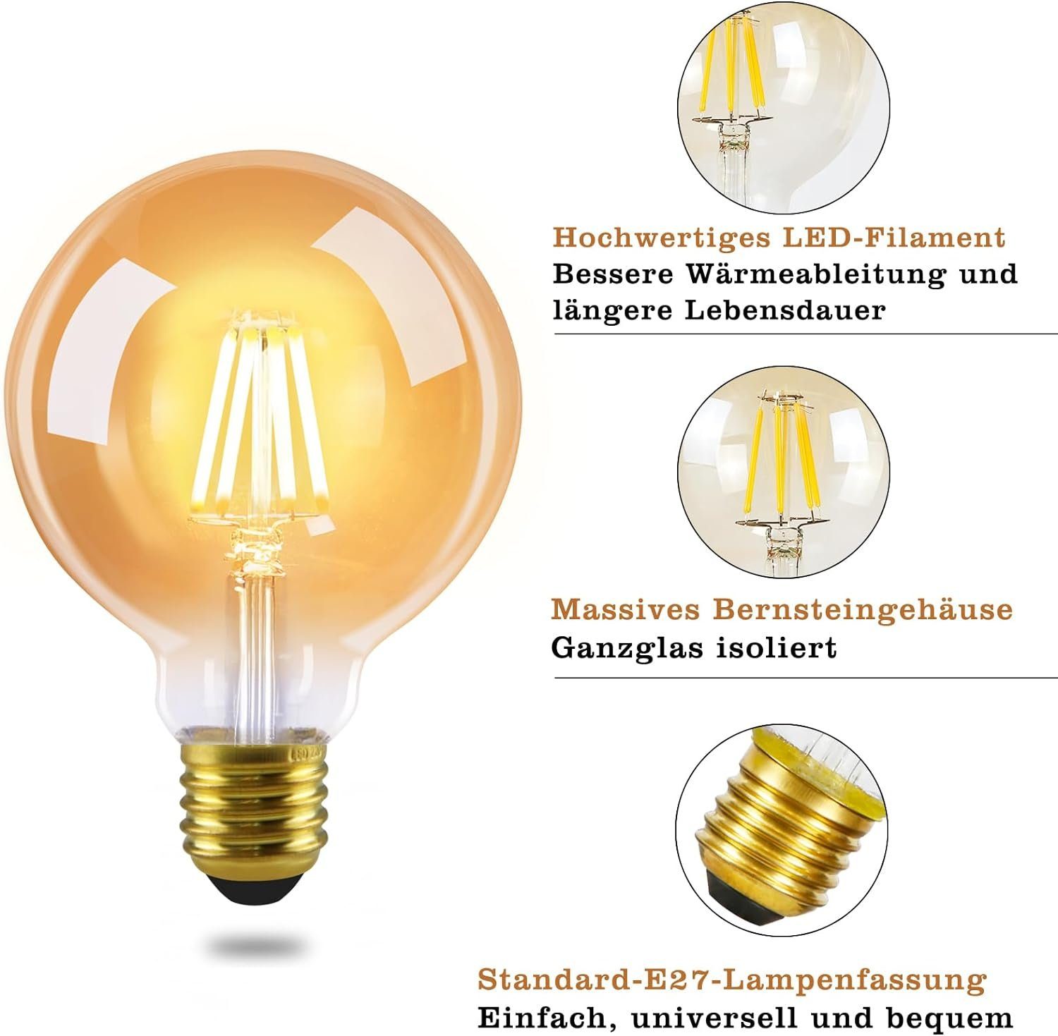 NETTLIFE Lot de 2 ampoules LED E27 lampe vintage - ampoule à filament blanc chaud G95 2700K 4W Edison, idéale pour maison, hôtel, café, bar - 3