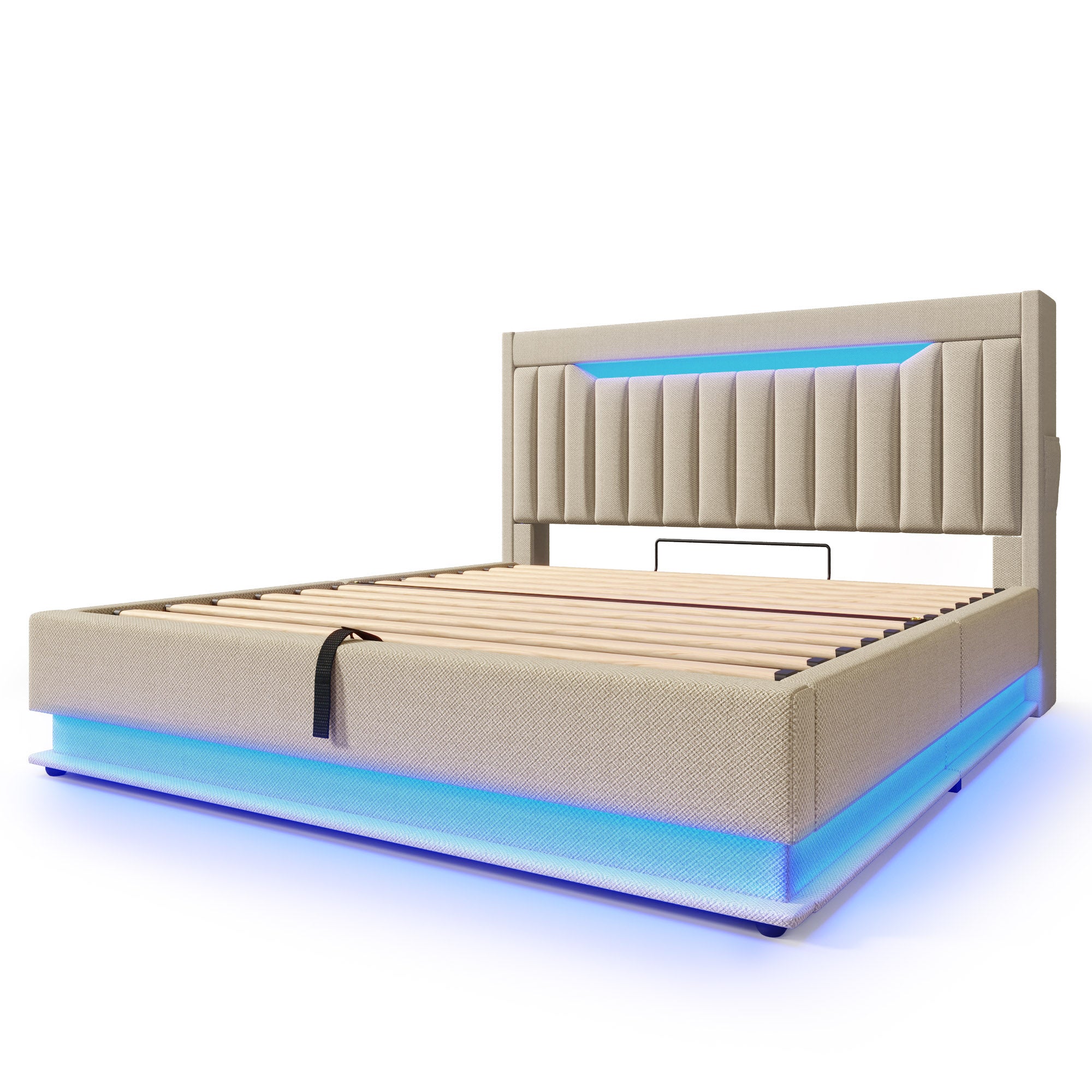 Lit coffre 160x200 cm, lit double hydraulique, tête de lit avec rangement comprenant des ports USB et Type-Cet lumière LED, beige, lin, Sans matelas. - 5