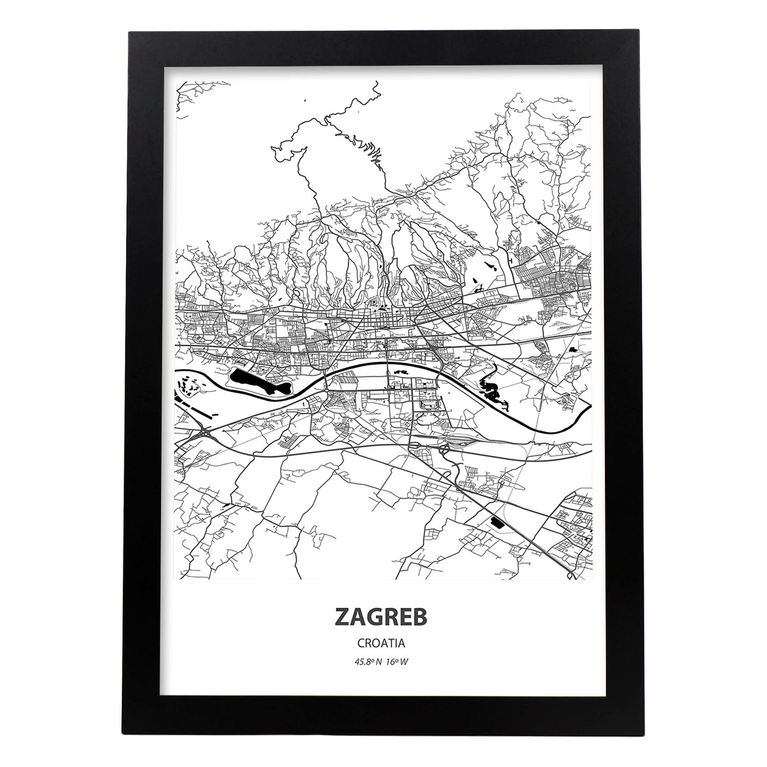 Poster con mapa de zagreb croacia. láminas de ciudades de europa con mares y rios en color negro. sin marco - a3