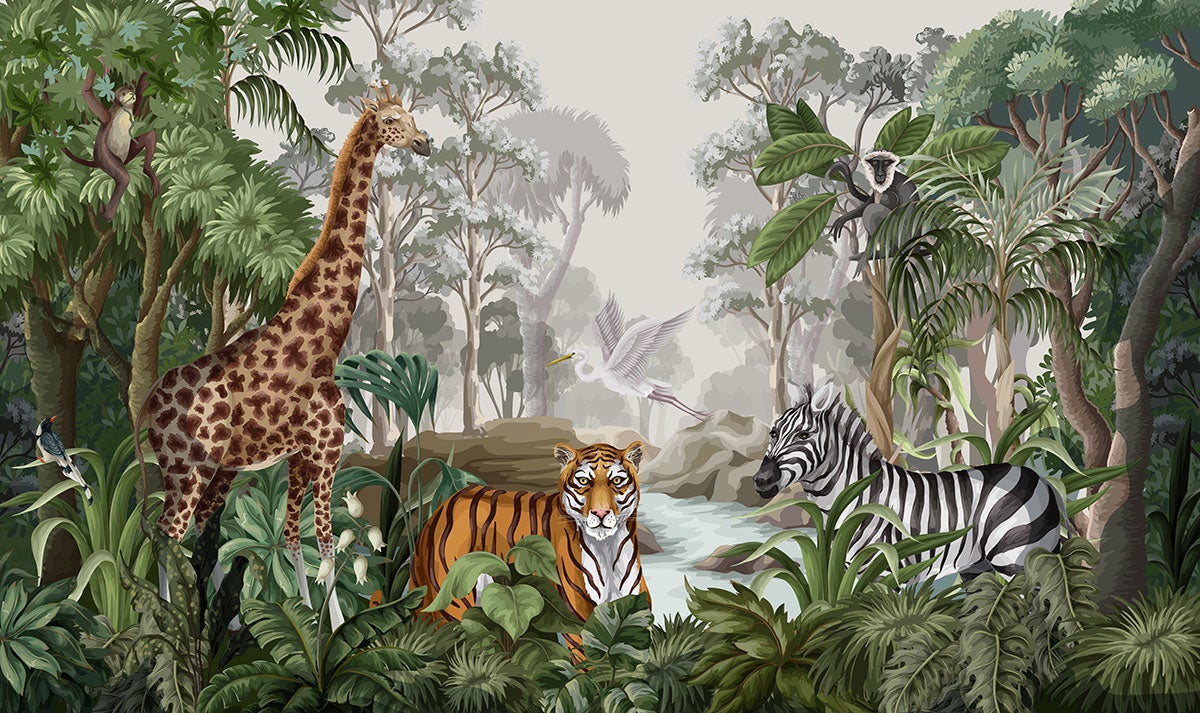 Papier peint panoramique intissé décoratif Enfants - Animaux de la Jungle - L260 cm x H154 cm - 2