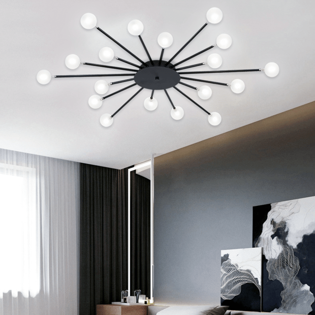 Lampa sufitowa LED, nowoczesny żyrandol, metalowa lampa Sputnik, energooszczędna lampa wisząca LED, lampa sufitowa z 18 szklanymi kloszami, 95 cm