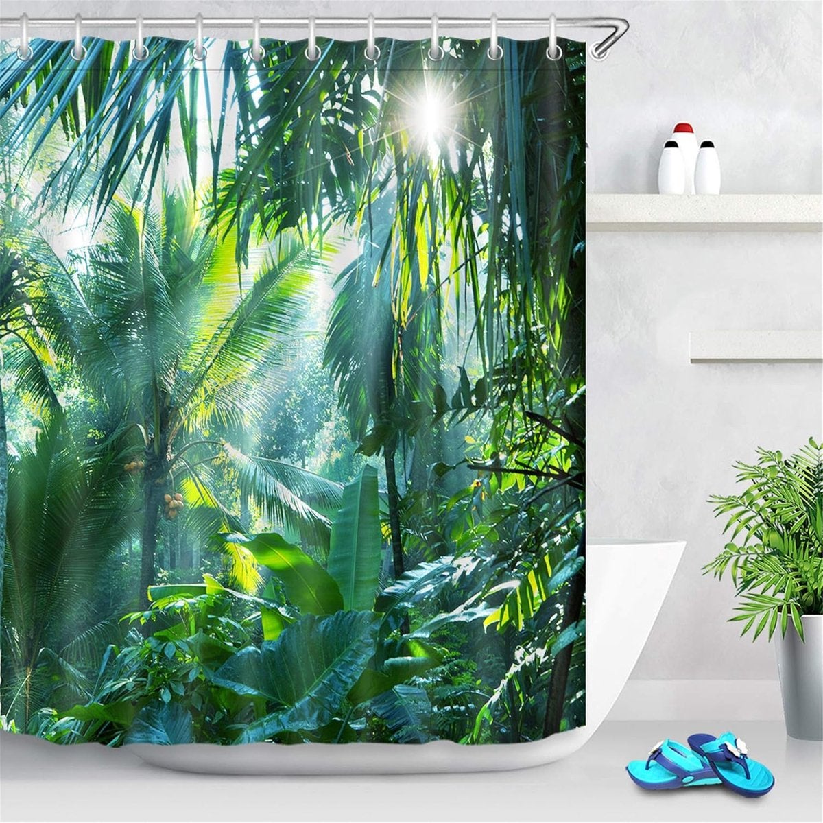 Perdea de duș, 180 x 200 cm, Perdea de duș din material textil impermeabil cu peisaj natural de pădure și motiv solar, Cârlige incluse