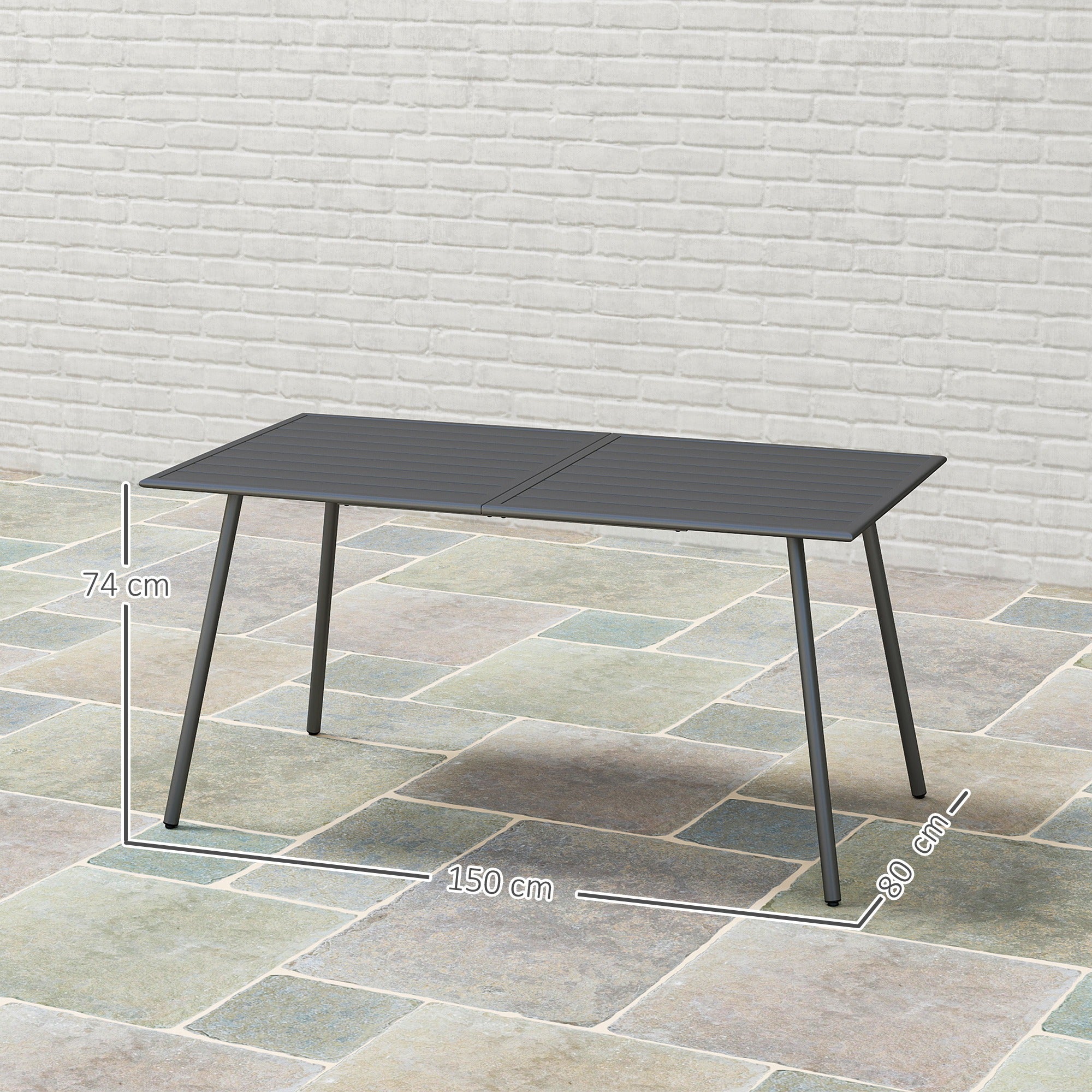 Table de jardin 6 personnes avec plateau à lattes, idéale pour jardin, patio ou terrasse. Dimensions : 150 x 80 x 74 cm, grise. - 5
