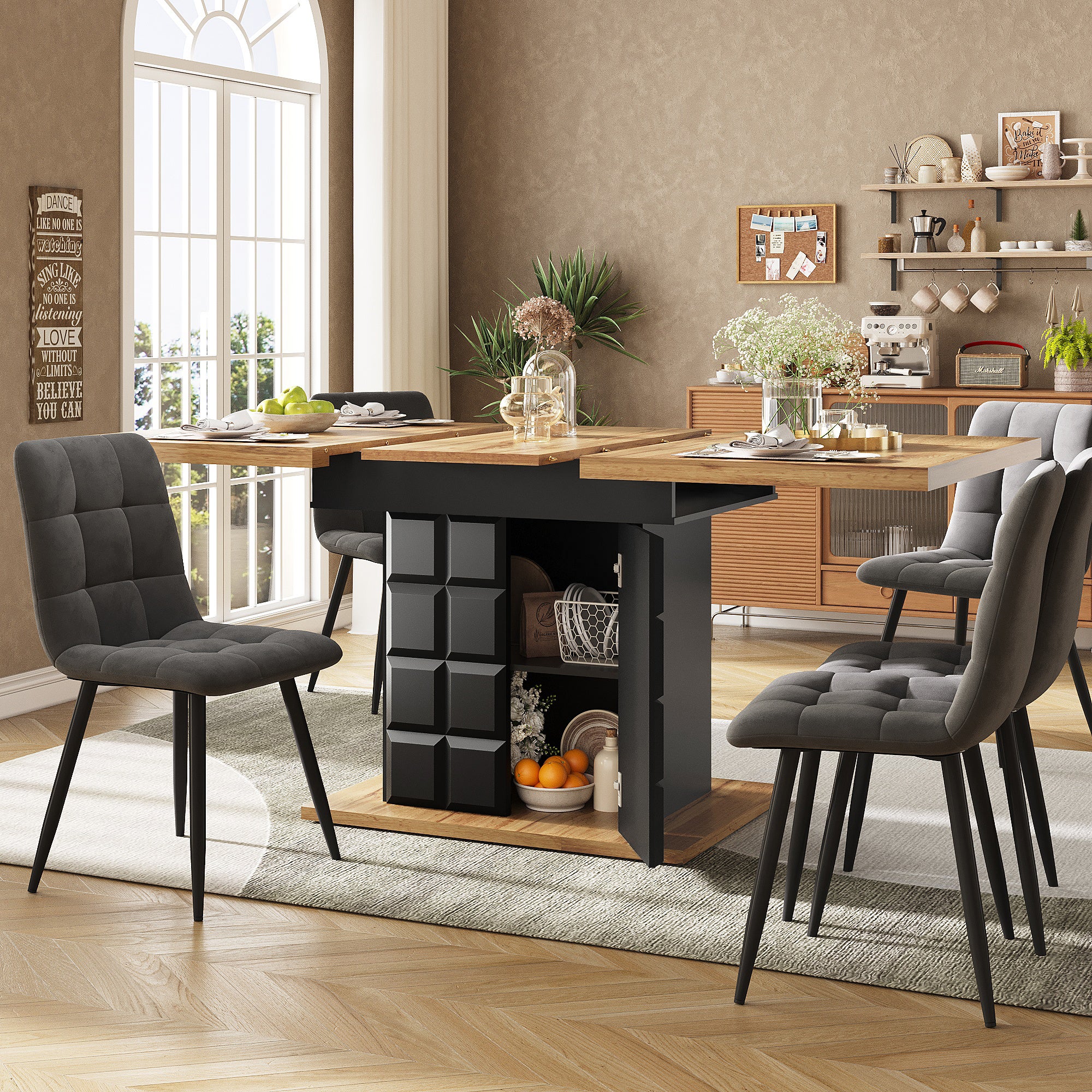 Table à manger extensible 4 à 6 couverts avec 2 portes - 110/140 x 80 x 75 cm - MDF - Noir + naturel - 4