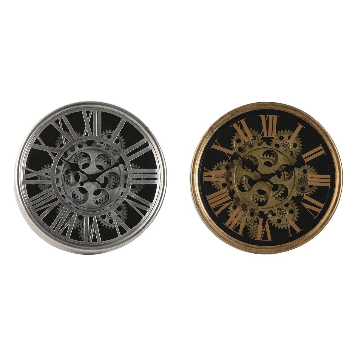 Reloj de pared home esprit negro dorado plateado metal cristal 25 x 6,3 x 25 cm (2 unidades)
