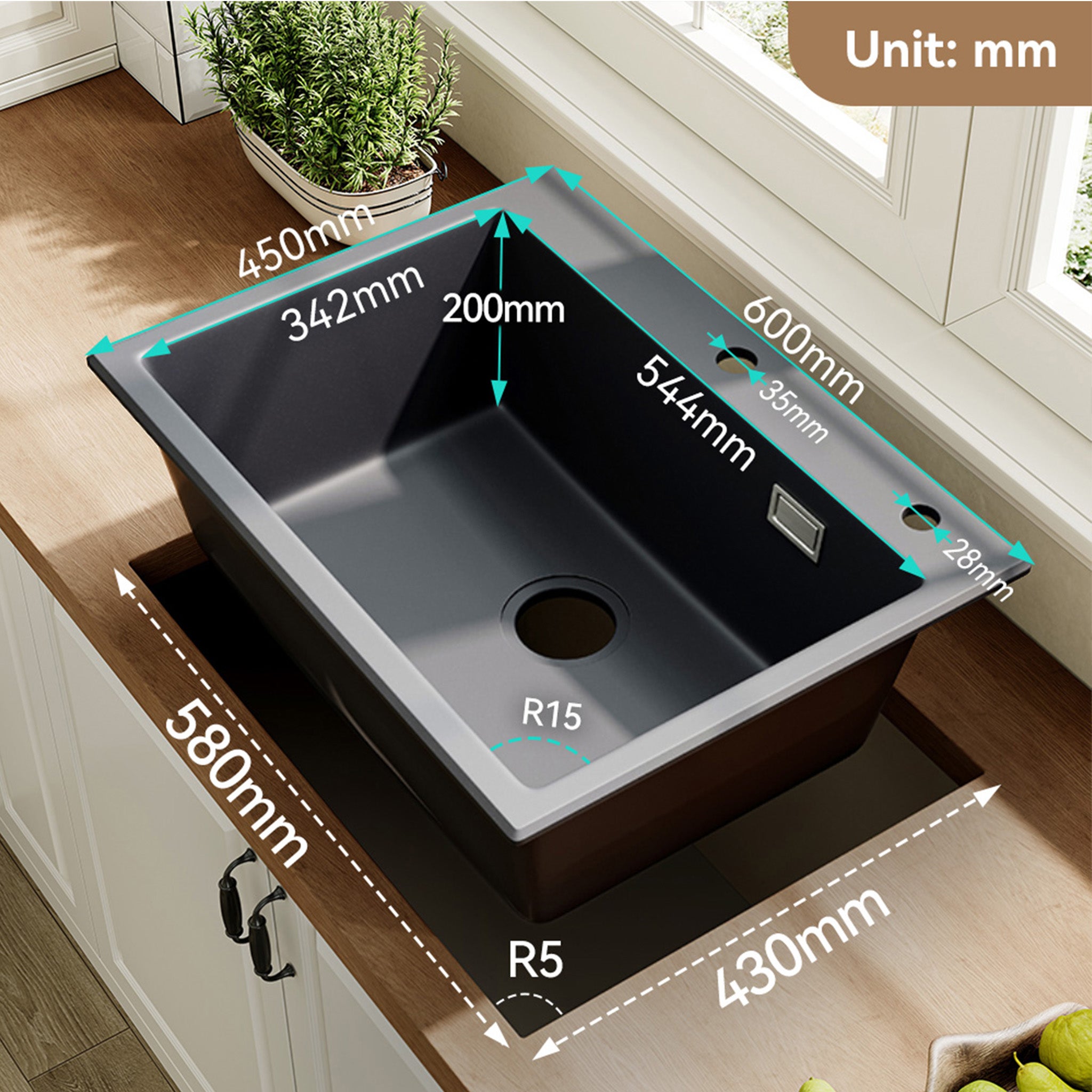 60x45 cm Évier de cuisine en quartz encastrable - évier encastré, grand évier de cuisine à 1 bac avec siphon, évier noir avec trou pour robinet HOROW - 6
