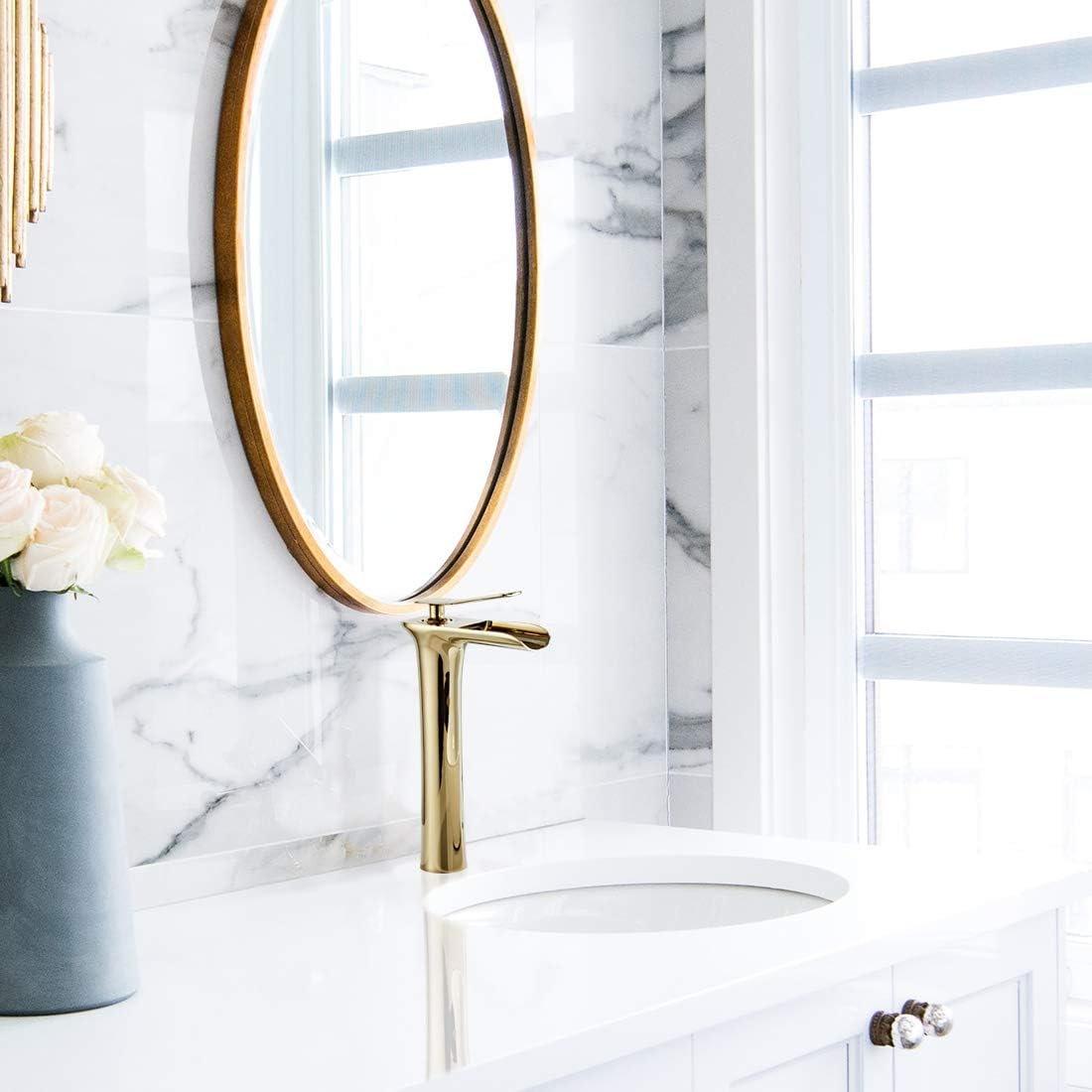 Grifo mezclador para lavabo, grifo de cascada alto para lavabo de baño, dorado - 9