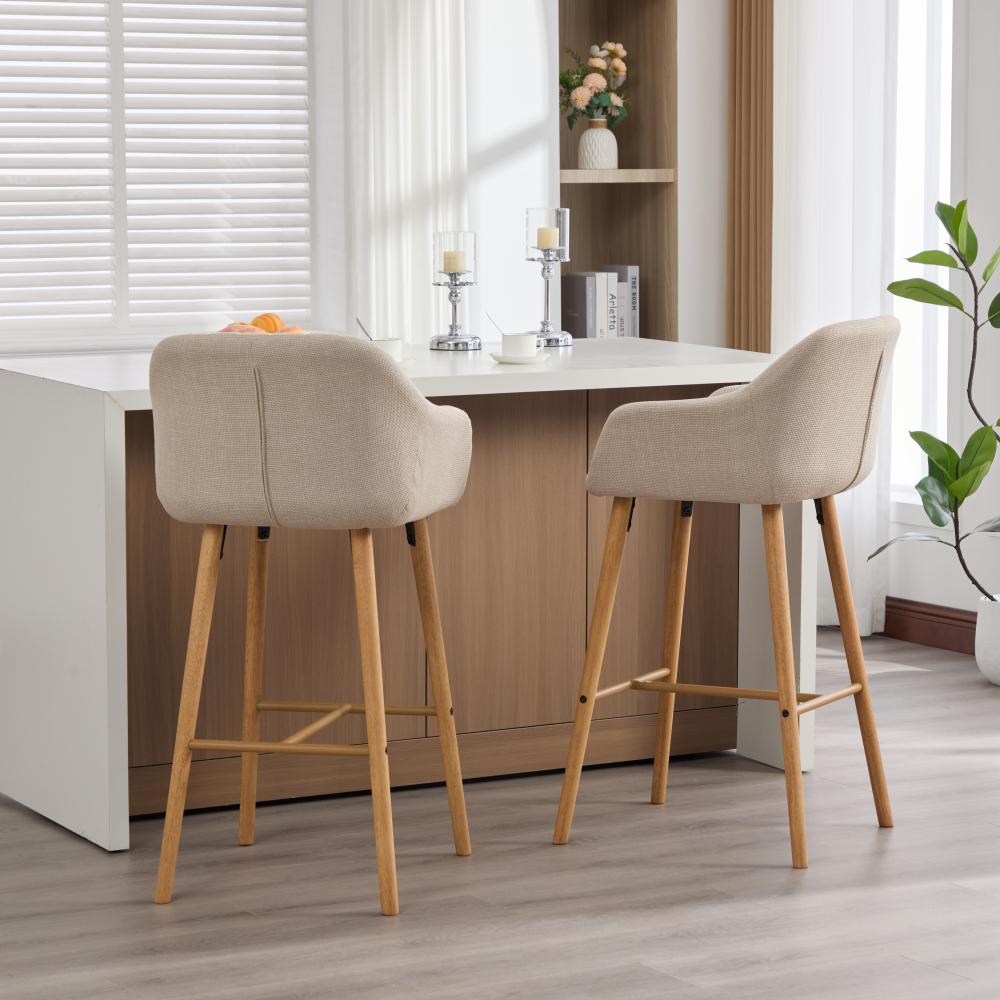Tabouret de bar moderne vert en lin avec dossier haut et accoudoirs, pieds en bois, lot de 2, style européen pour cuisine ou îlot - 7