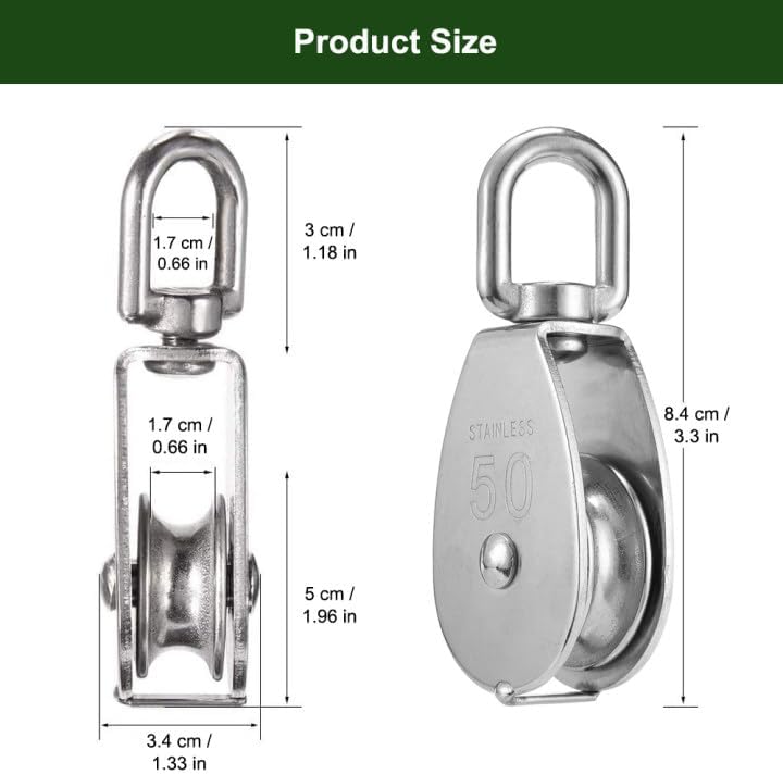 Lot de 2 poulies de levage M25 - poulie pivotante à 360° en acier inoxydable - poulies à câble avec 1 roulement à billes - poulie de renvoi en acier - 3