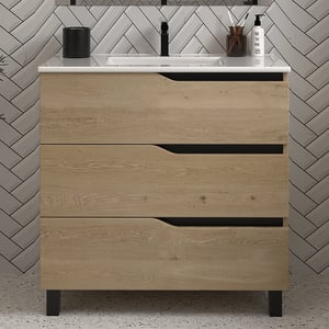 Meuble de salle de bain 60cm simple vasque - sans miroir - 3 tiroirs - madera miel (bois clair) - MATA