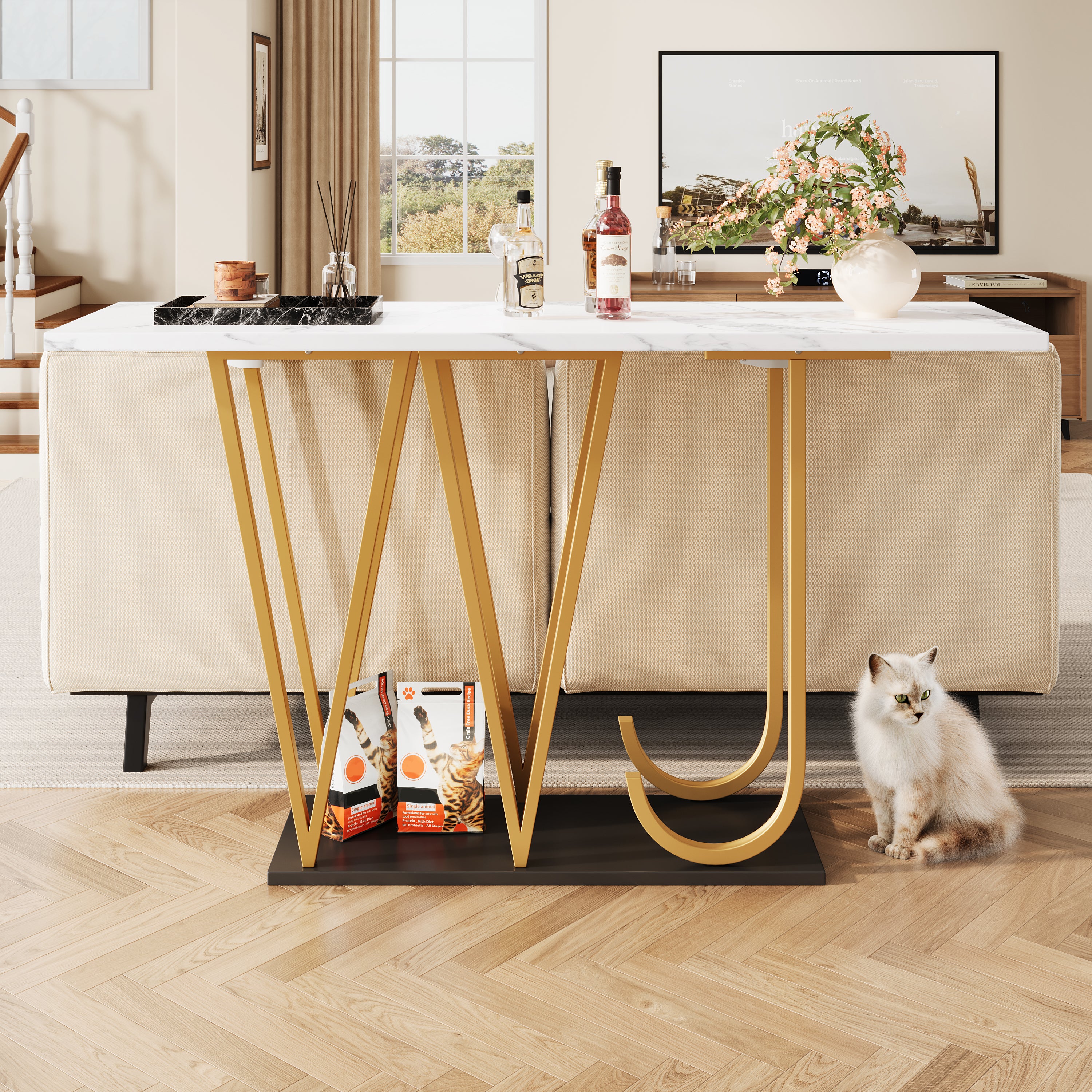 Konsola - 120 x 29,5 x 80 cm - MDF i nogi metalowe w kolorze złotym - Biała