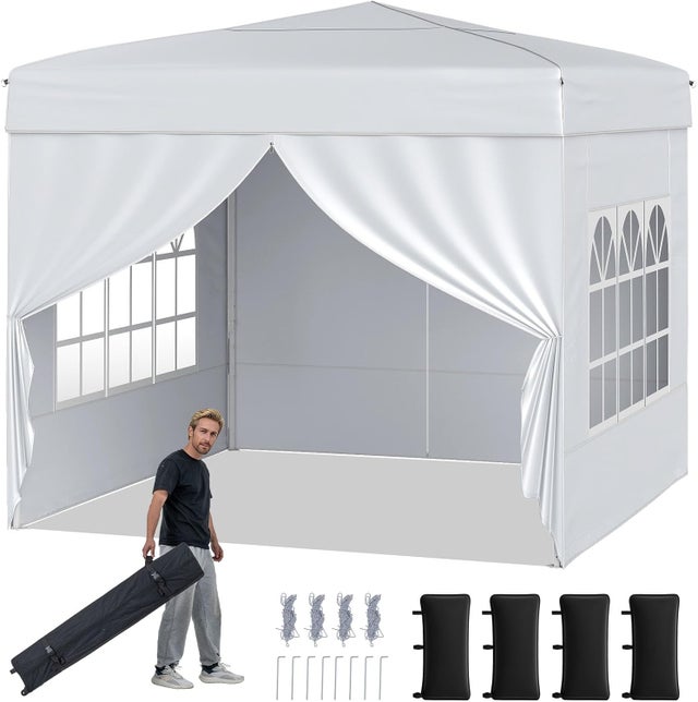 Tonnelle Pliante 3x3 Imperméable, Tonnelle de Jardin Exterieur avec 4 Parois Amovibles, Barnum Réglable en Hauteur pour Camping, Fêtes, Stand (Blanc)